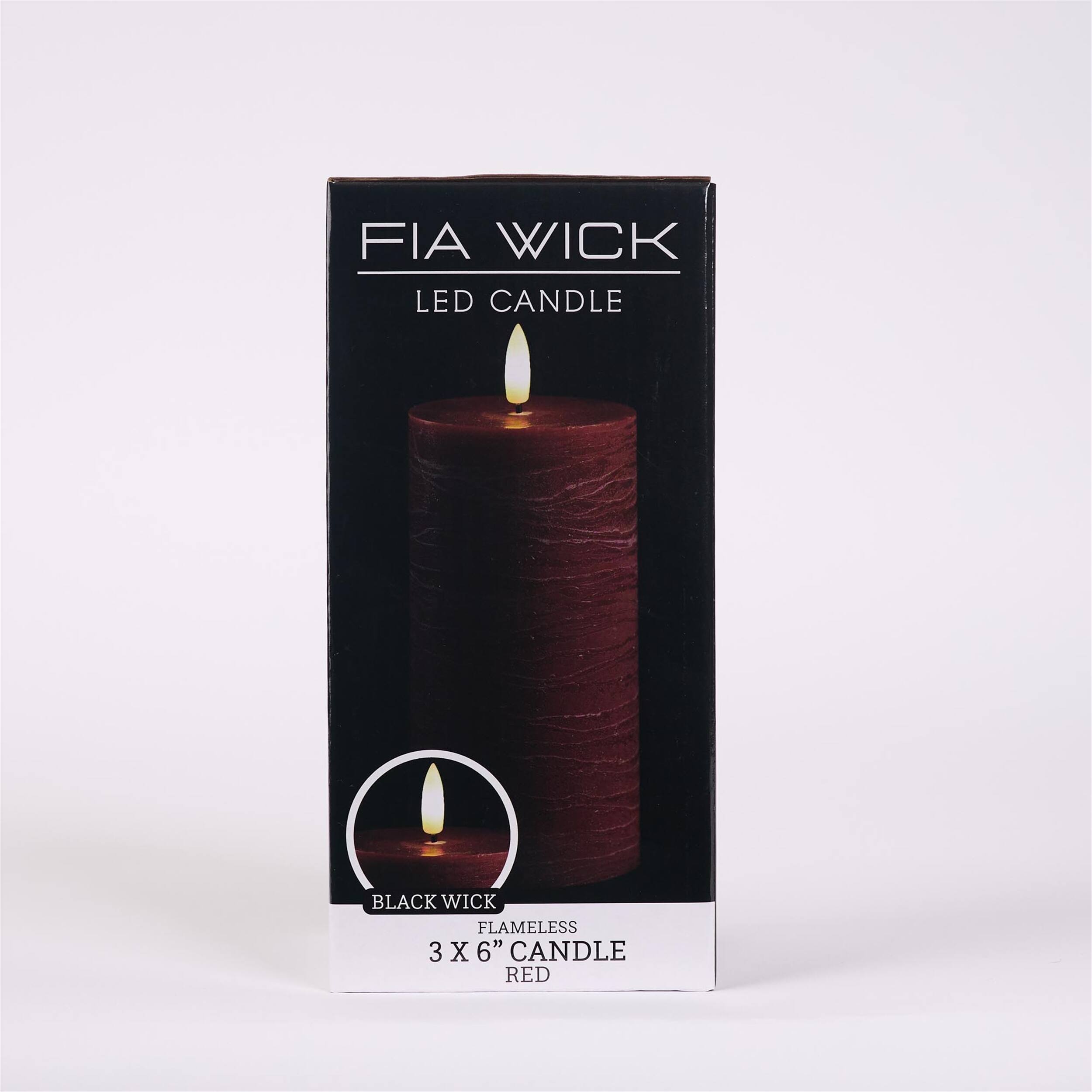 FIA WICK  
LED CANDLE  

BLACK WICK  
FLAMELESS  
3 X 6" CANDLE  
RED