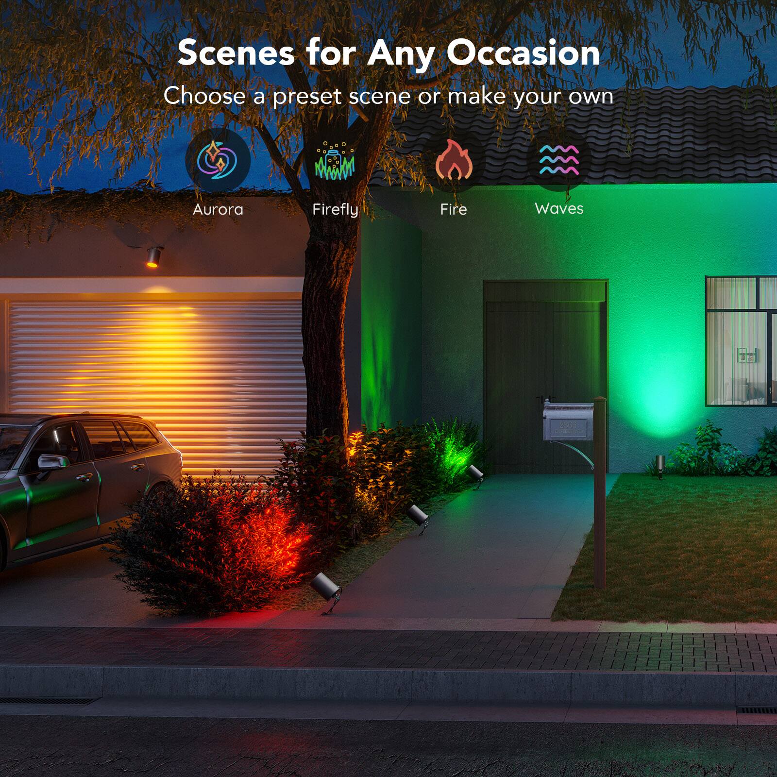 Scenes for Any Occasion: Choose a preset scene or make your own. Aurora, Firefly, Fire Waves, and 2000.