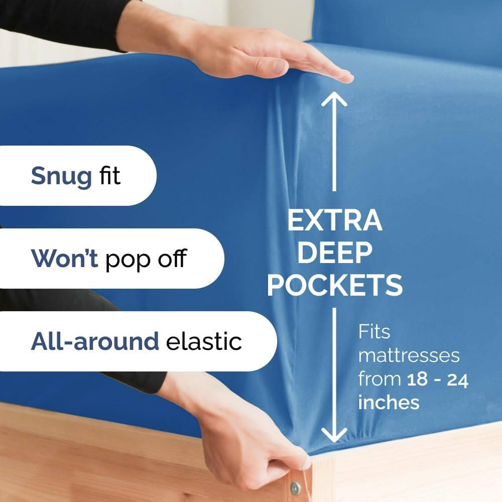 Snug fit  
Won't pop off  
All-around elastic  
EXTRA DEEP POCKETS  
Fits mattresses from 18 - 24 inches