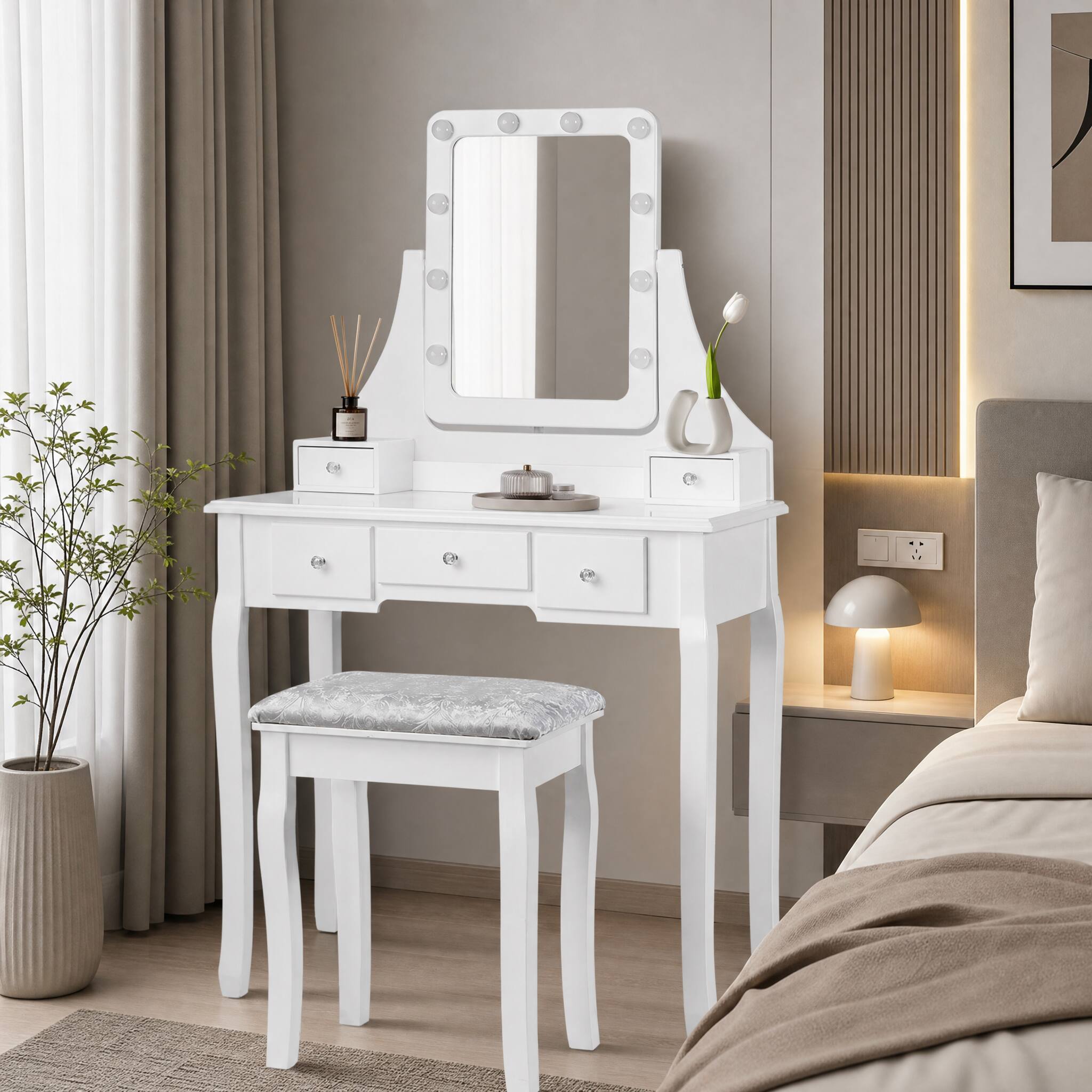 Angle. WELLFOR - Vanity Dressing Table Set with Mirror& 5‑Drawer Classified Storage, Makeup Vanity Desk with Cushioned Stool - White.