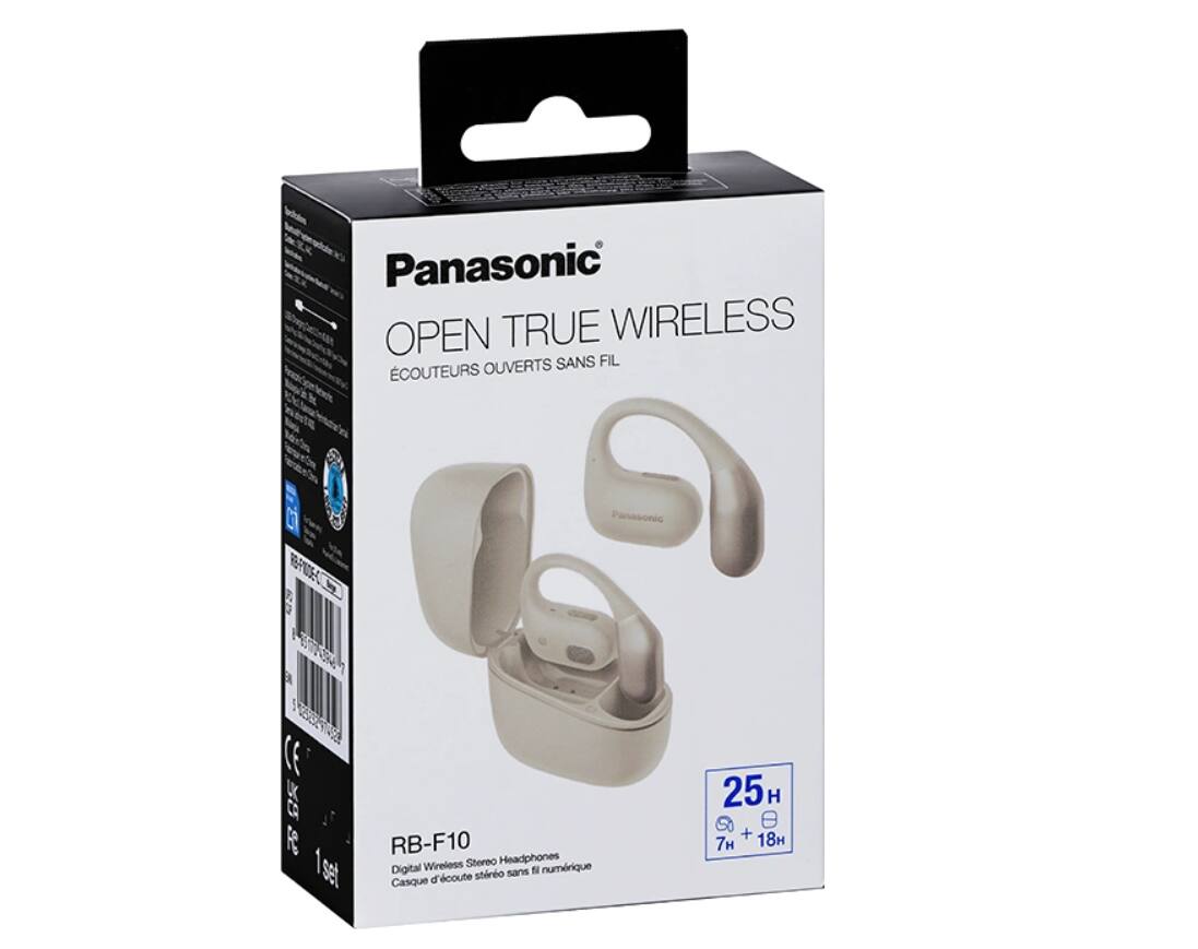 Panasonic OPEN TRUE WIRELESS OUVERTS SANS FIL COUTEURS  
RB-F10DE-C  
CE UK CA FC 1set  
RB-F10 Wireless Stereo Headphones Digital stero sans fil numrique Casque d'écoute  
25H H + 18H 7H