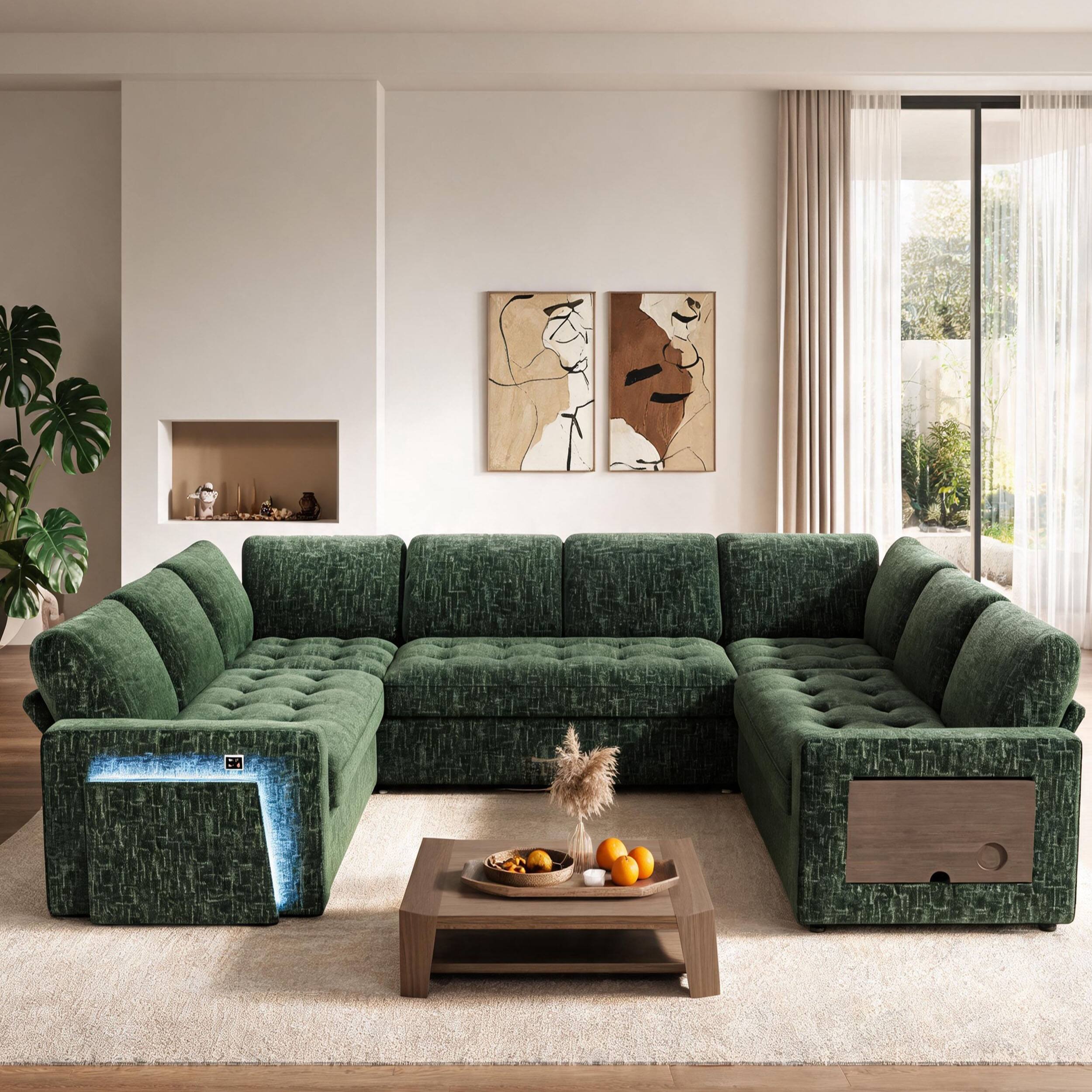 Angle. Dyonery - 8-Seat Modular Sectional Sleeper Sofa with Pull Out Bed/Reclining Backrest/USB Ports/Table/LED Light/Storage - Green.