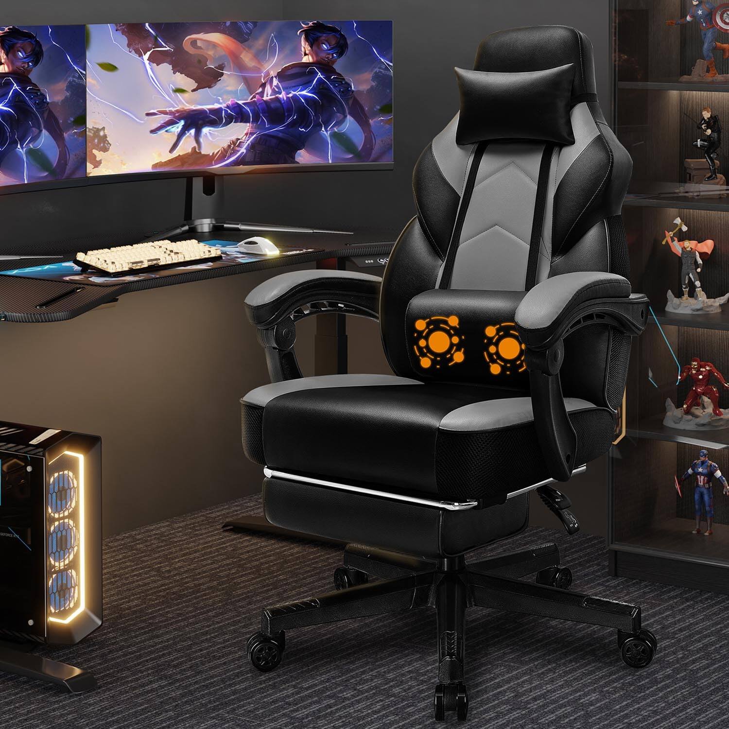 Front. Hirose Alice - Shintenchi Gaming Chair,Video Game Chair with footrest and Massage Lumbar Support,Height Adjustable Game Ch... - Grey.