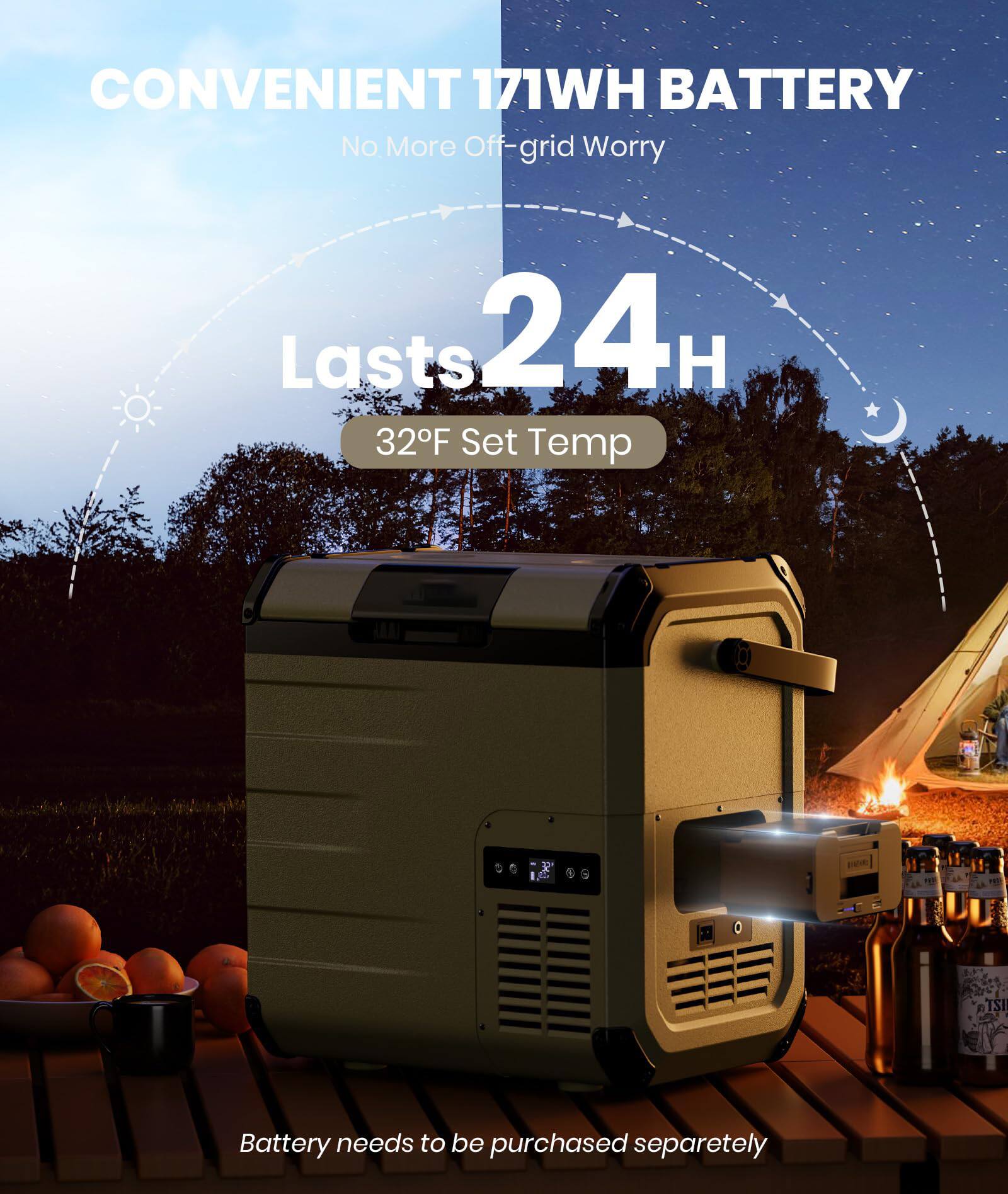 CONVENIENT 171WH BATTERY  
No More Off-grid Worry  

Lasts 24H  
32°F Set Temp  

Battery needs to be purchased separately