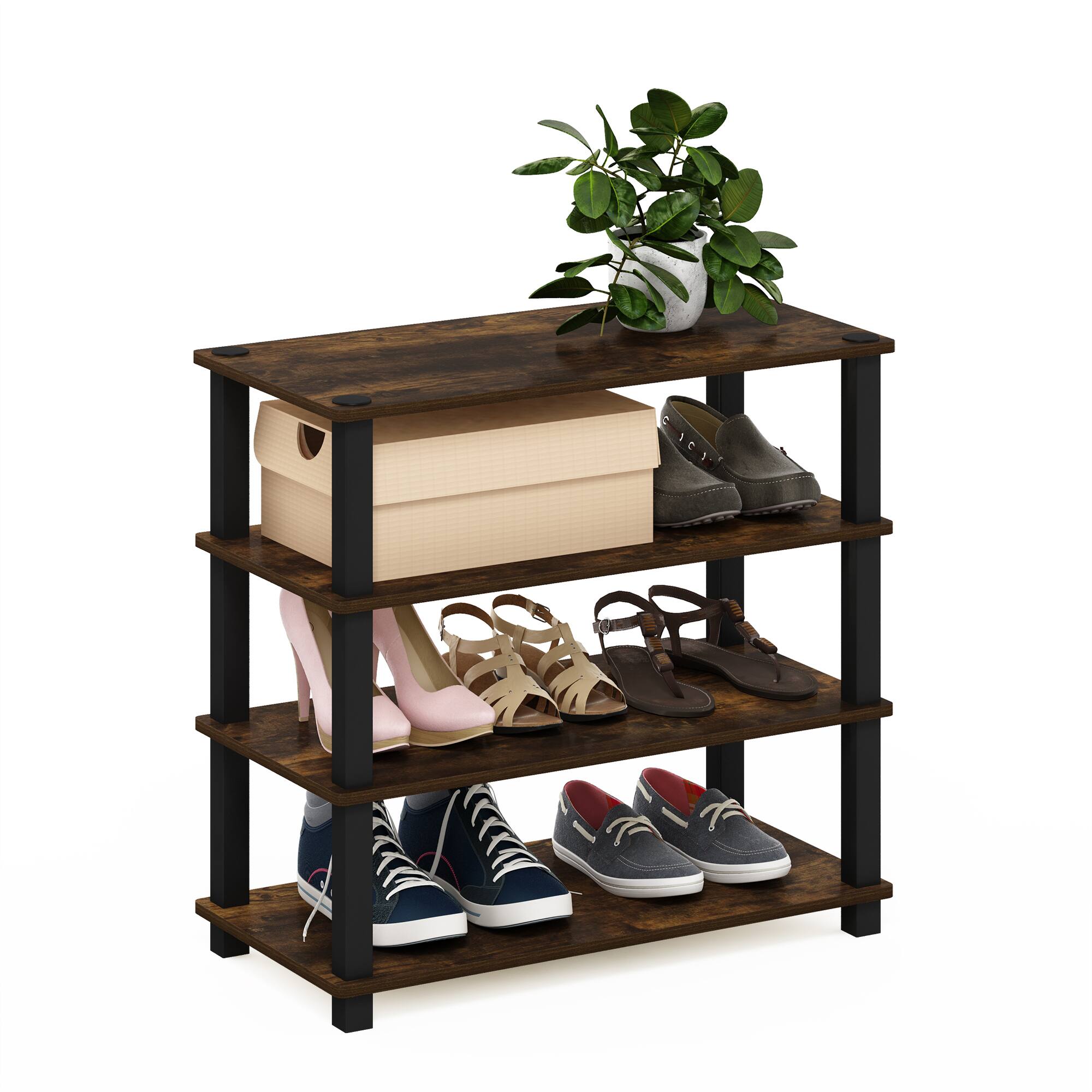 Alt View 3. Furinno - Turn-S-Tube 4-Tier Shoe Rack - Amber Pine/Black.