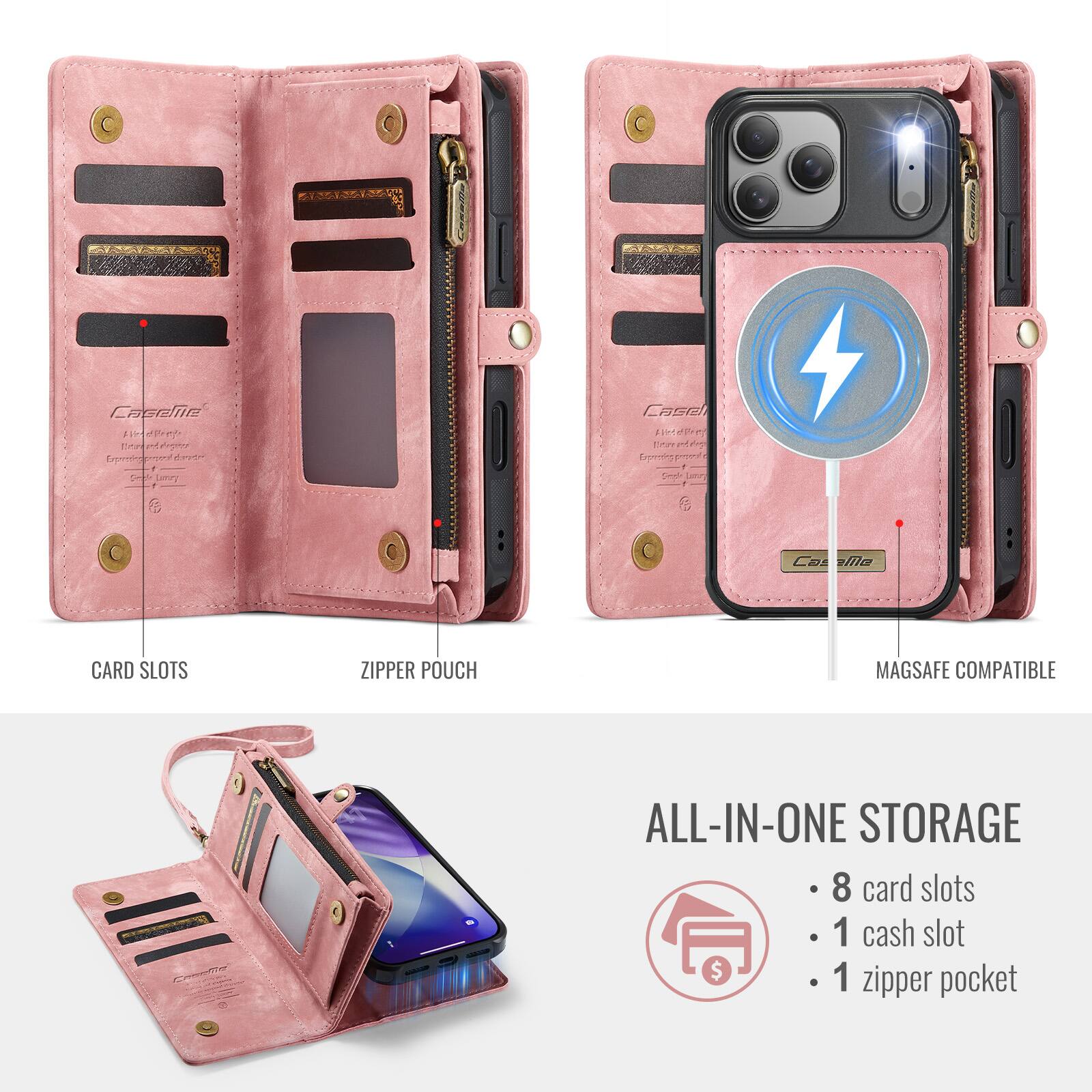 Cerlin na N r Casel Pe fnze Pg Eingorny 5 a B Cos aiile CARD SLOTS ZIPPER POUCH MAGSAFE COMPATIBLE ALL-IN-ONE STORAGE 8 card slots 1 cash slot 1 pocket zipper