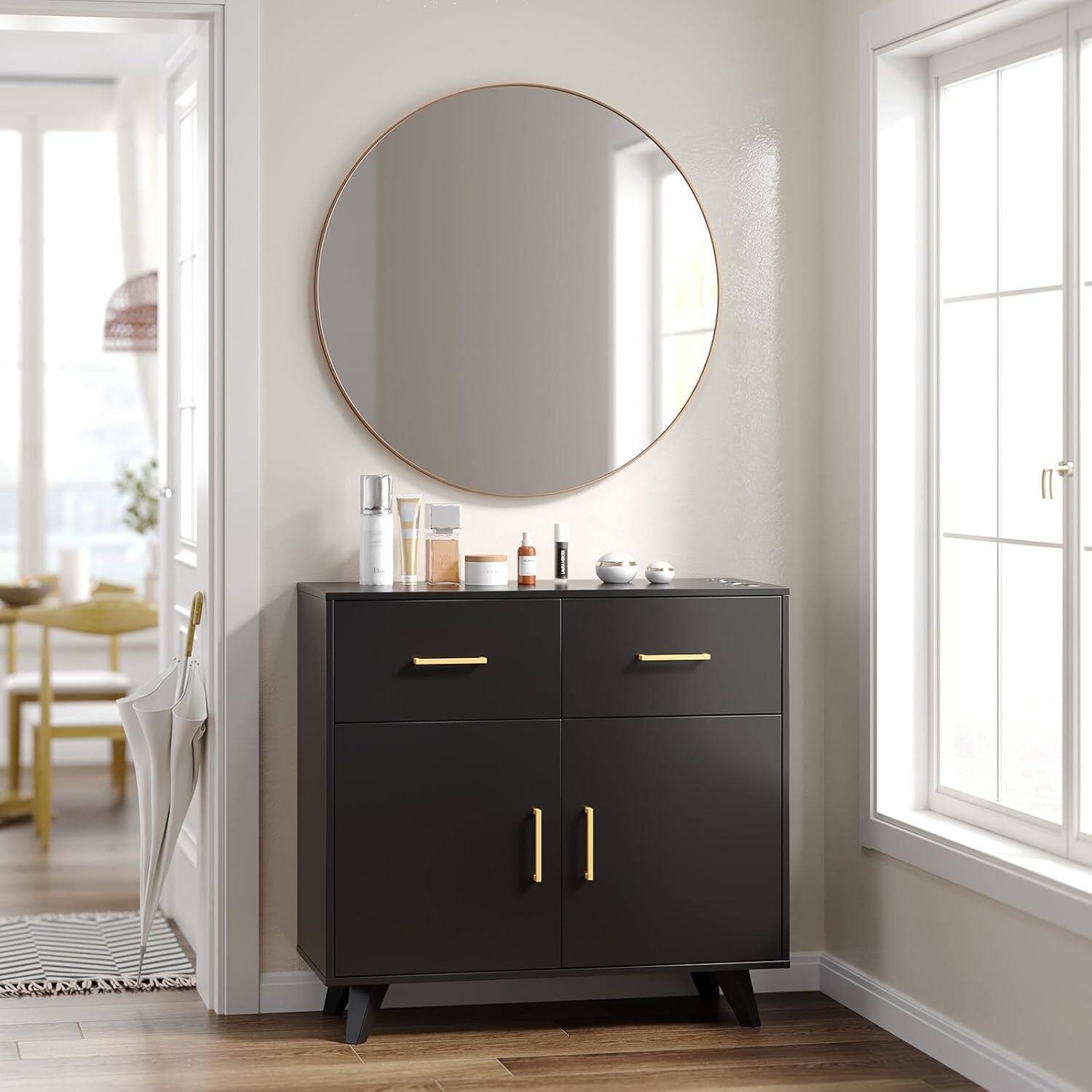 Alt View 4. Winado - Wall Mount Salon Station Hair Stylist Station with Round Mirror & 2 Large Drawers & 1 Spacious Cabinet for Barber Beauty - Black.