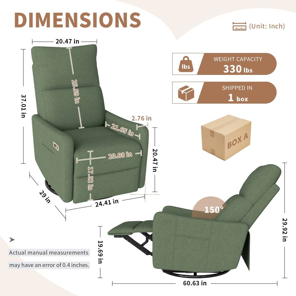DIMENSIONS (Unit: Inch)  
- 20.47 in  
- 25.59 in  
- 37.01 in  
- 2.76 in  
- 21.65 in  
- 20.08 in  
- 17.32 in  
- 29 in  
- 24.41 in  
- 19.69 in  

Actual manual measurements may have an error of 0.4 inches.  

WEIGHT CAPACITY: 330 lbs  

SHIPPED IN: 1 box  

A BOX  

29.92 in  
60.63 in