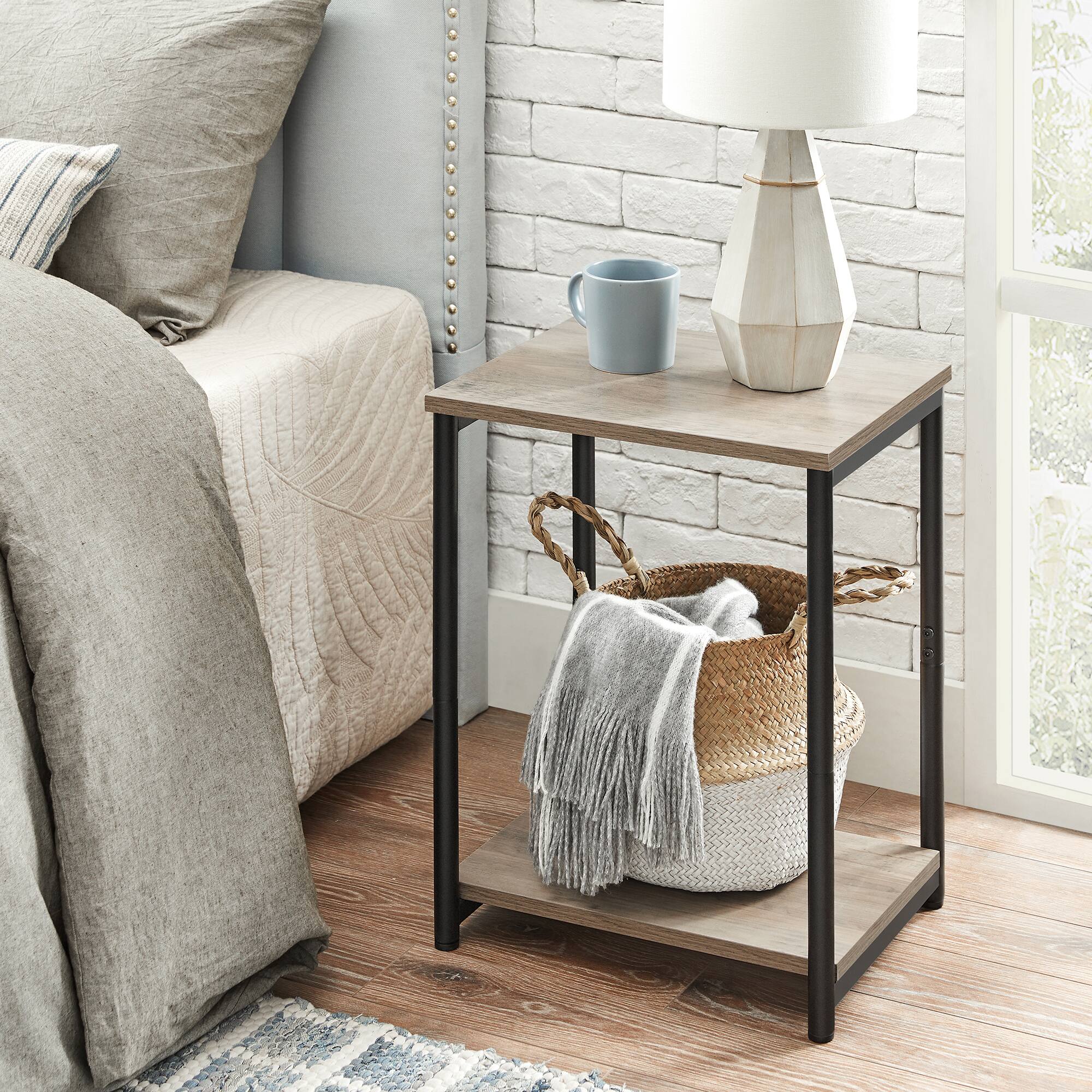 Back. Songmics Home - Side Table, Small End Table, Nightstand for Living Room, Bedroom, Office, Bathroom - Greige and Black.