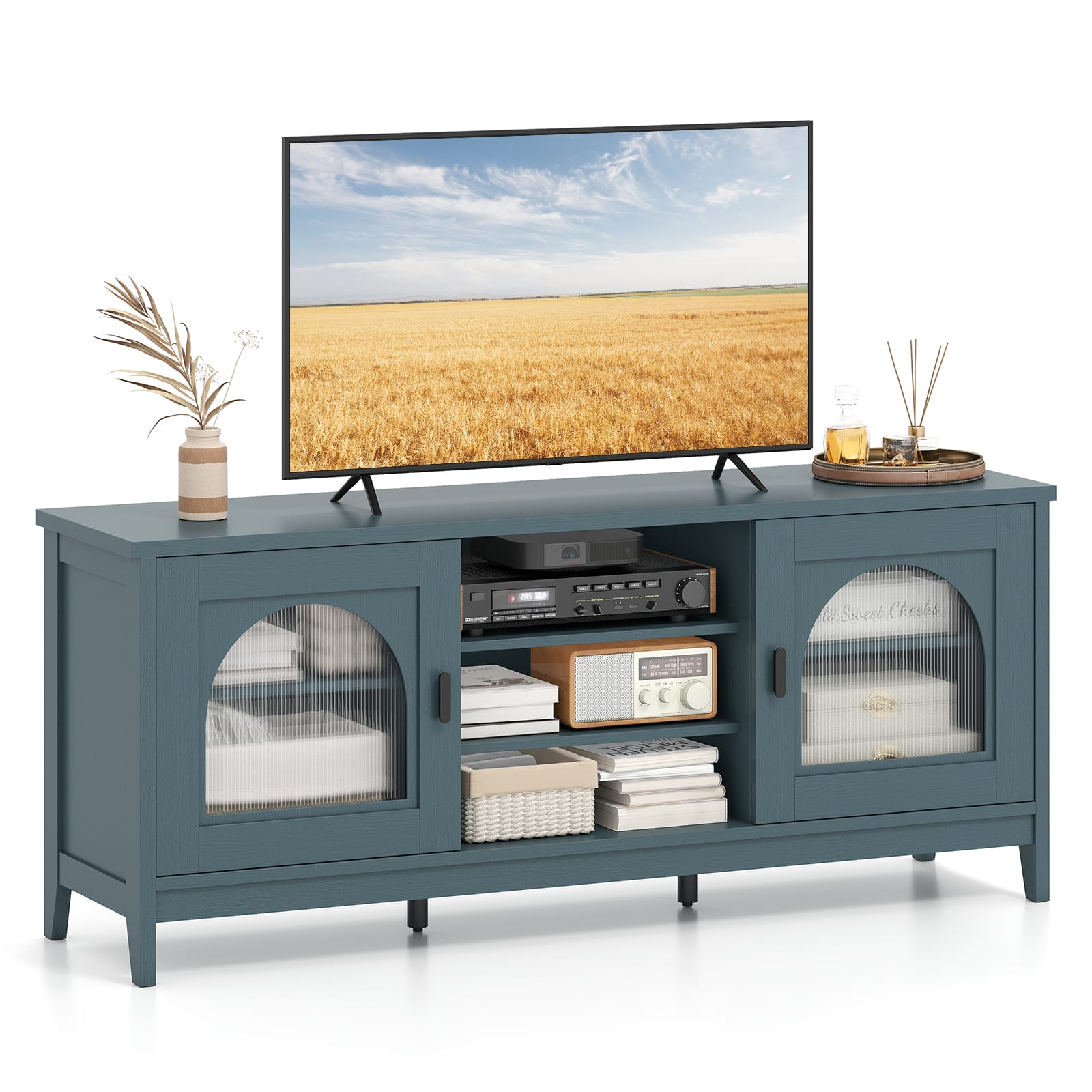 Gymax - Farmhouse TV Stand for TVs up to 65'' Modern Vintage TV Cabinet for Living Room - Green