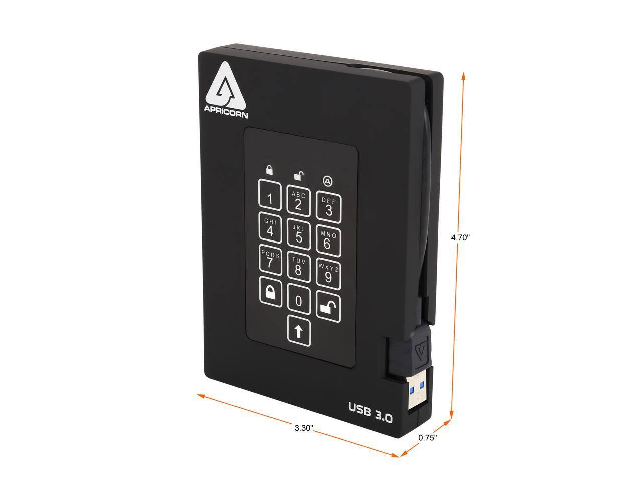 A 4 APRICORN  
A ABC 1 2 DEF 3 GHI 4 JKL 5 MNO 6 PQRS 7 TUV 8 WXYZ 9 0  
4.70" 3.30" USB 3.0 0.75"