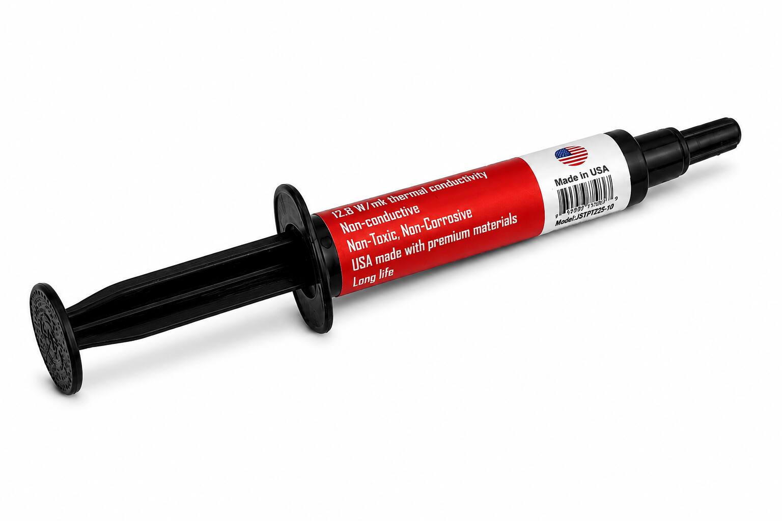 In the USA, conductivity is 17.55 W/mk. Thermal conductivity is 12.8 W/mk. Non-conductive, non-corrosive, non-toxic, with premium USA-made materials. Long life. Model: JSTPTZ25-10.