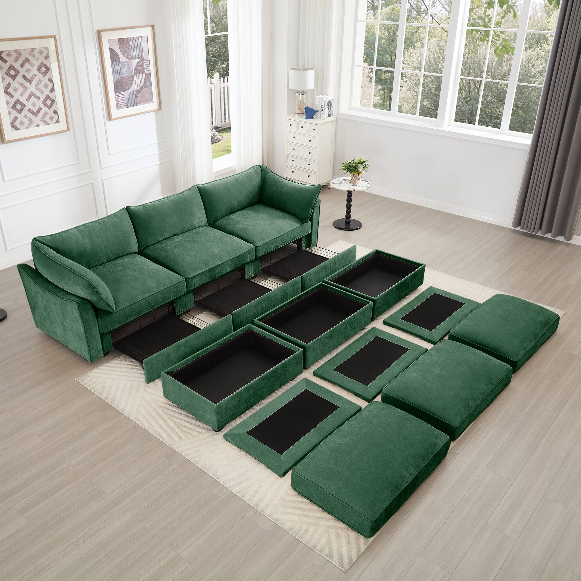 Left. Aukfa - 3-Seater Sofa with 3 Footstools - Pull-Out Drawers Under Each Seat, Crescent Armrests, Chenille Fabric - Green.