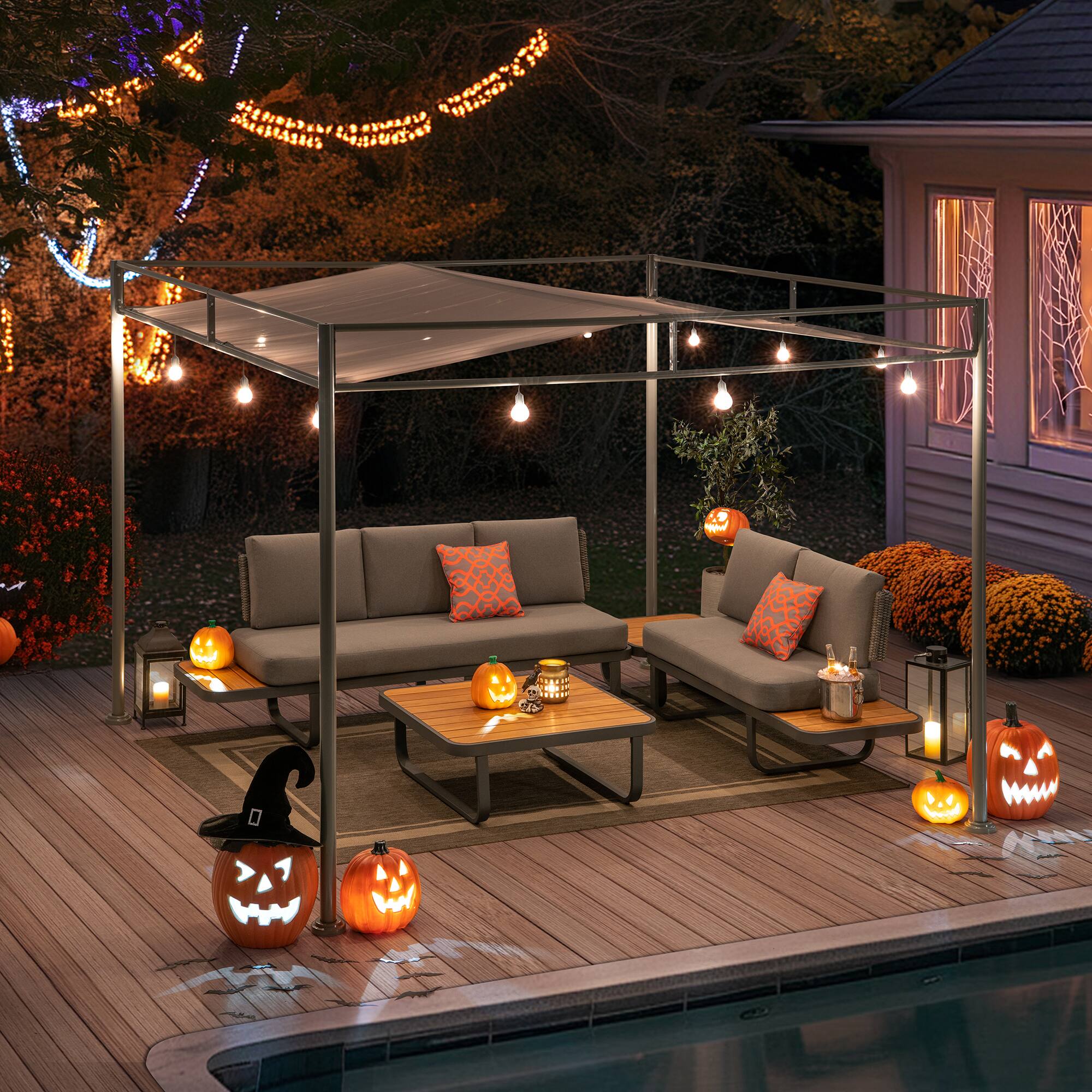 Left. SUNJOY - SUNJOY 10' x 10' Lean-to Pergola with Sun Shade, Gray Sling Fabric, Metal Patio Pergola for Garden, Yard & Deck.