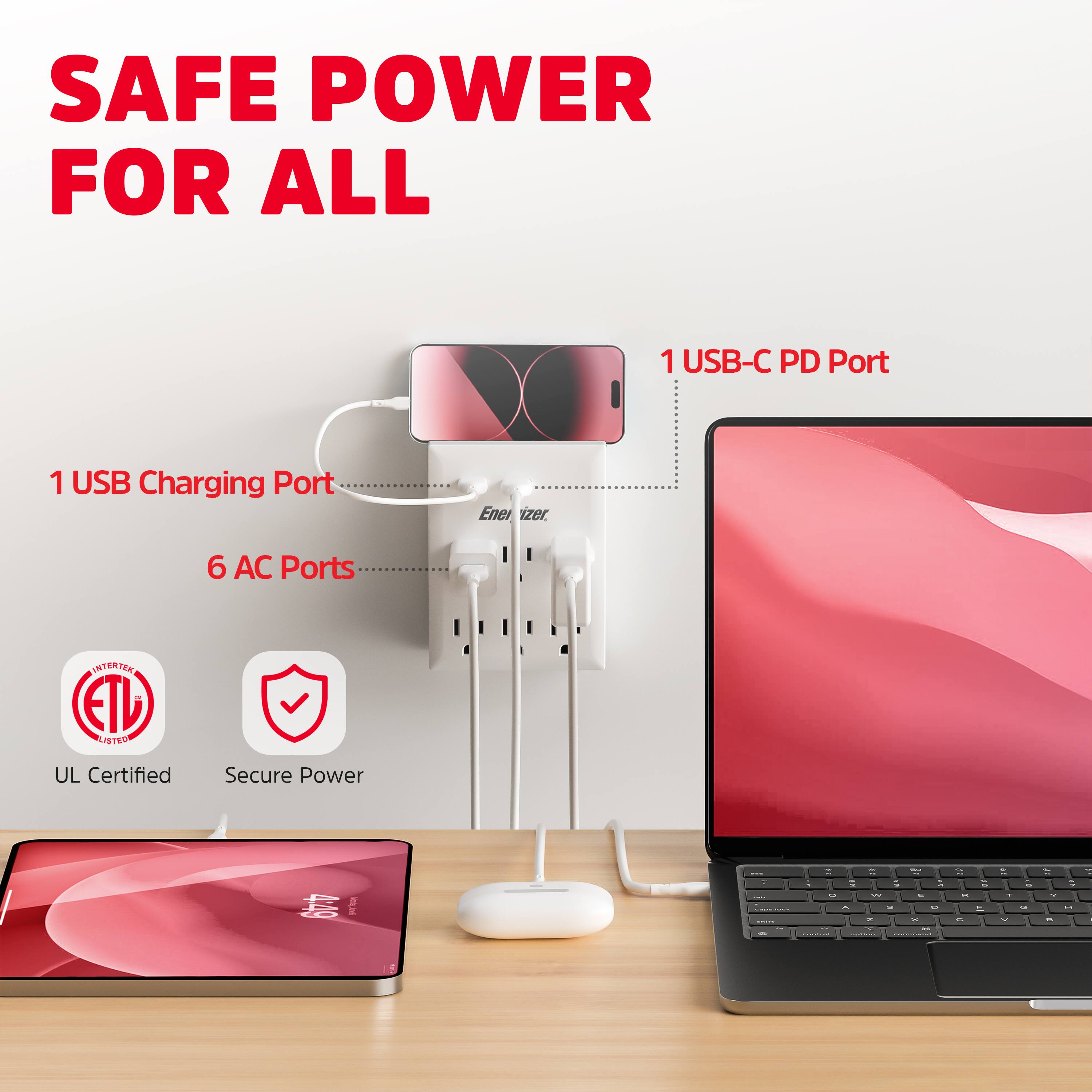 SAFE POWER FOR ALL

1 USB-C PD Port

1 USB Charging Port

6 AC Ports

UL Certified

Secure Power