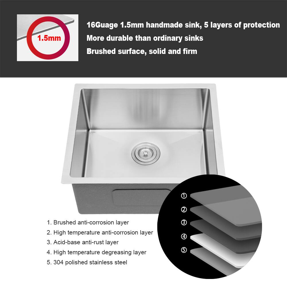 16Gauge 1.5mm handmade sink, 5 layers of protection  
More durable than ordinary sinks  
Brushed surface, solid and firm  

1. Brushed anti-corrosion layer  
2. High temperature anti-corrosion layer  
3. Acid-base anti-rust layer  
4. High temperature degreasing layer  
5. 304 polished stainless steel