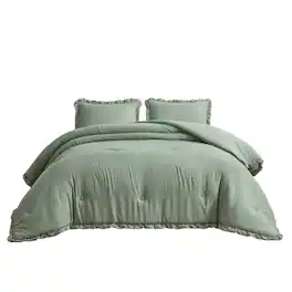 Hivvago - Oversized Queen Microfiber 3-Piece Comforter Set with Ruffled Edge Trim - Sage