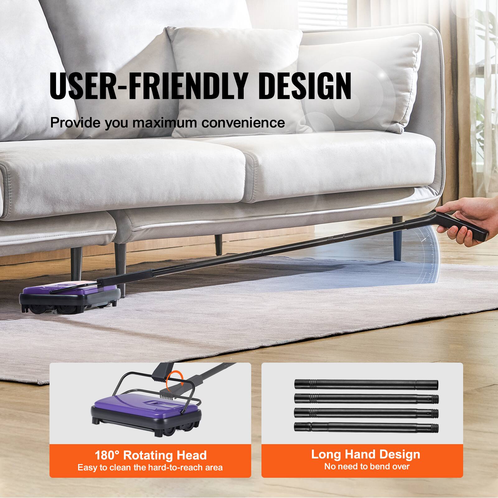 USER-FRIENDLY DESIGN  
Provide you maximum convenience  

180° Rotating Head  
Easy to clean the hard-to-reach area  

Long Hand Design  
No need to bend over