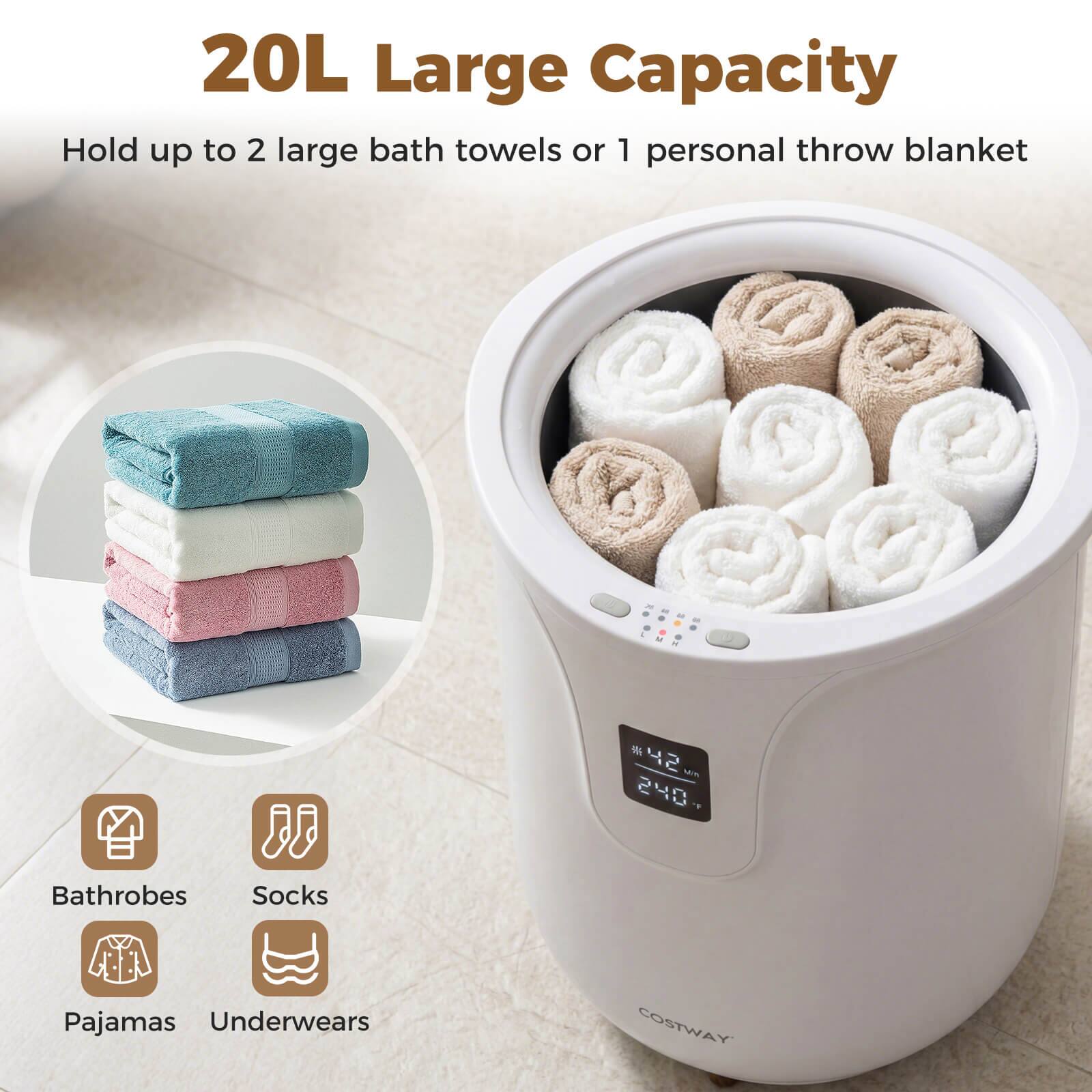 20L Large Capacity  
Hold up to 2 large bath towels or 1 personal throw blanket  

Bathrobes  
Socks  
Pajamas  
Underwears  

COSTWAY