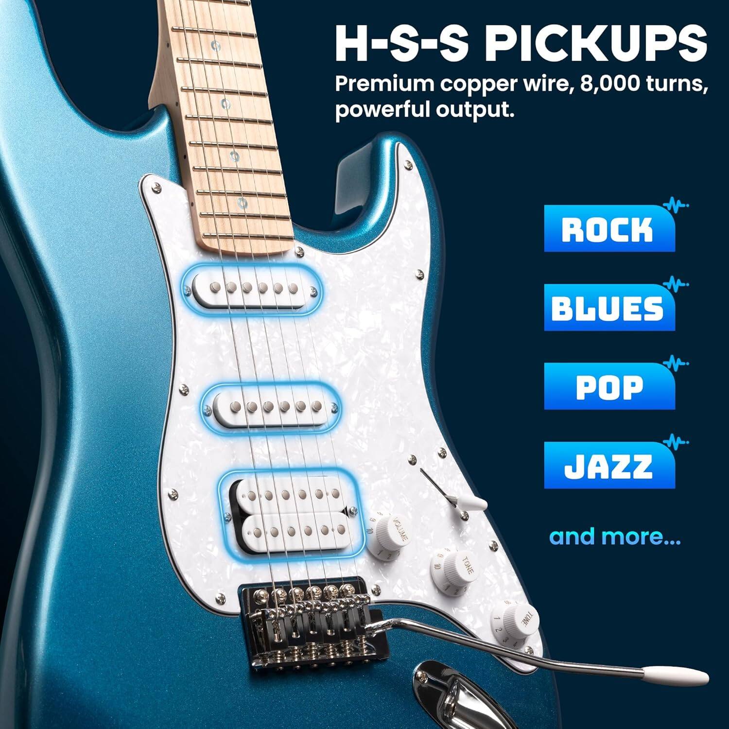 H-S-S PICKUPS  
Premium copper wire, 8,000 turns, powerful output.  
ROCK  
BLUES  
POP  
JAZZ  
and more...