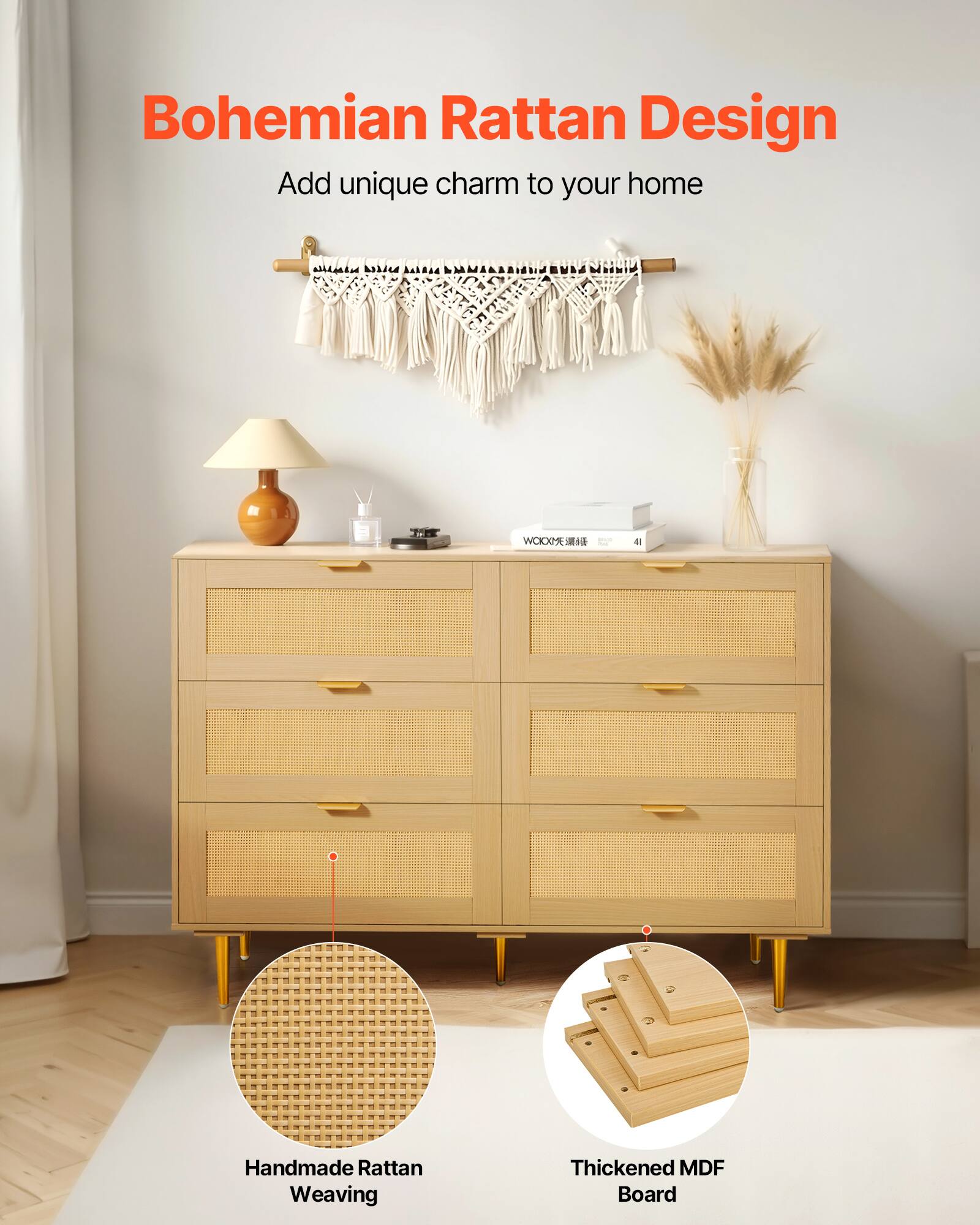 Bohemian Rattan Design  
Add unique charm to your home  

1. Handmade Rattan Weaving  
2. Thickened MDF Board