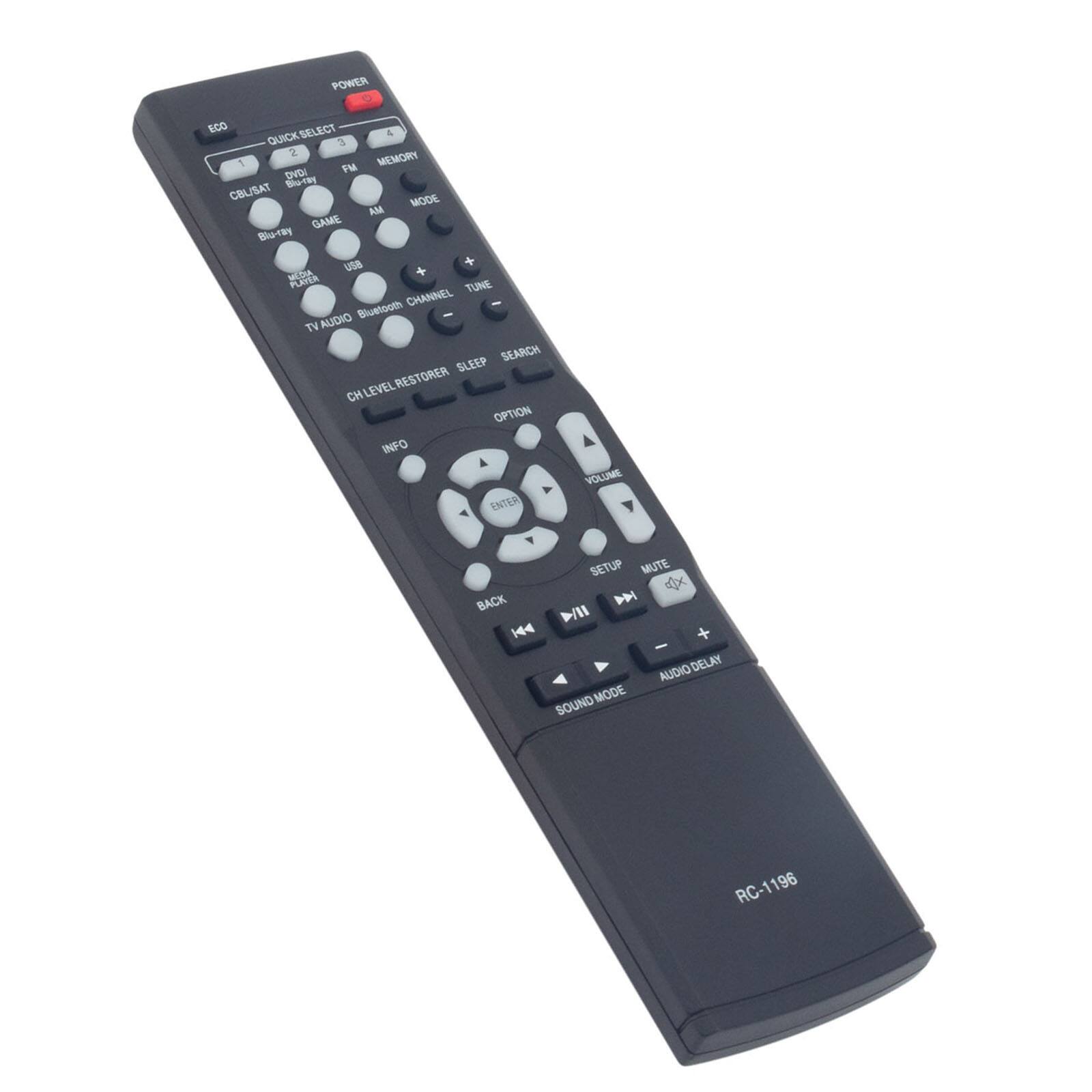 POWER ECO QUICK SELECT 1 2 3 4 MEMORY DNDI CBL/SAT MODE GAME USB Blu-ray TV AUDIO Bluetooth CHANNEL TUNE SEARCH SLEEP CHLEVELRESTORER RESTORER CH CH LEVEL OPTION INFO ENTER VOLUME SETUP MUTE x BACK MUTE + - AUDIO DELAY MODE SOUND RC-1196