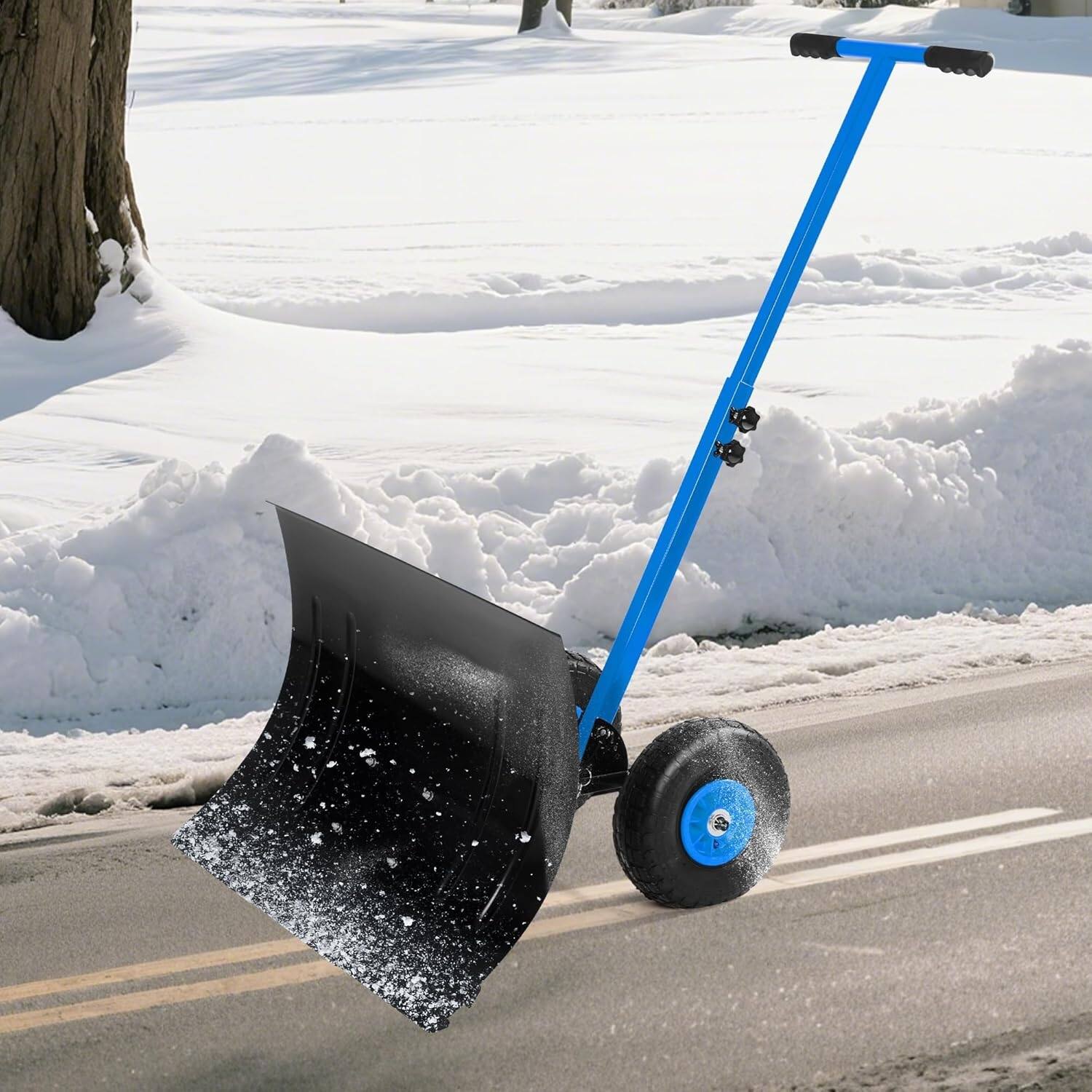Front. Babevy - 29.1x16.5in Wheeled Snow Shovel, Adjustable Handle/Angle, Heavy Duty Pusher, Driveway Removal Tool, Blue.
