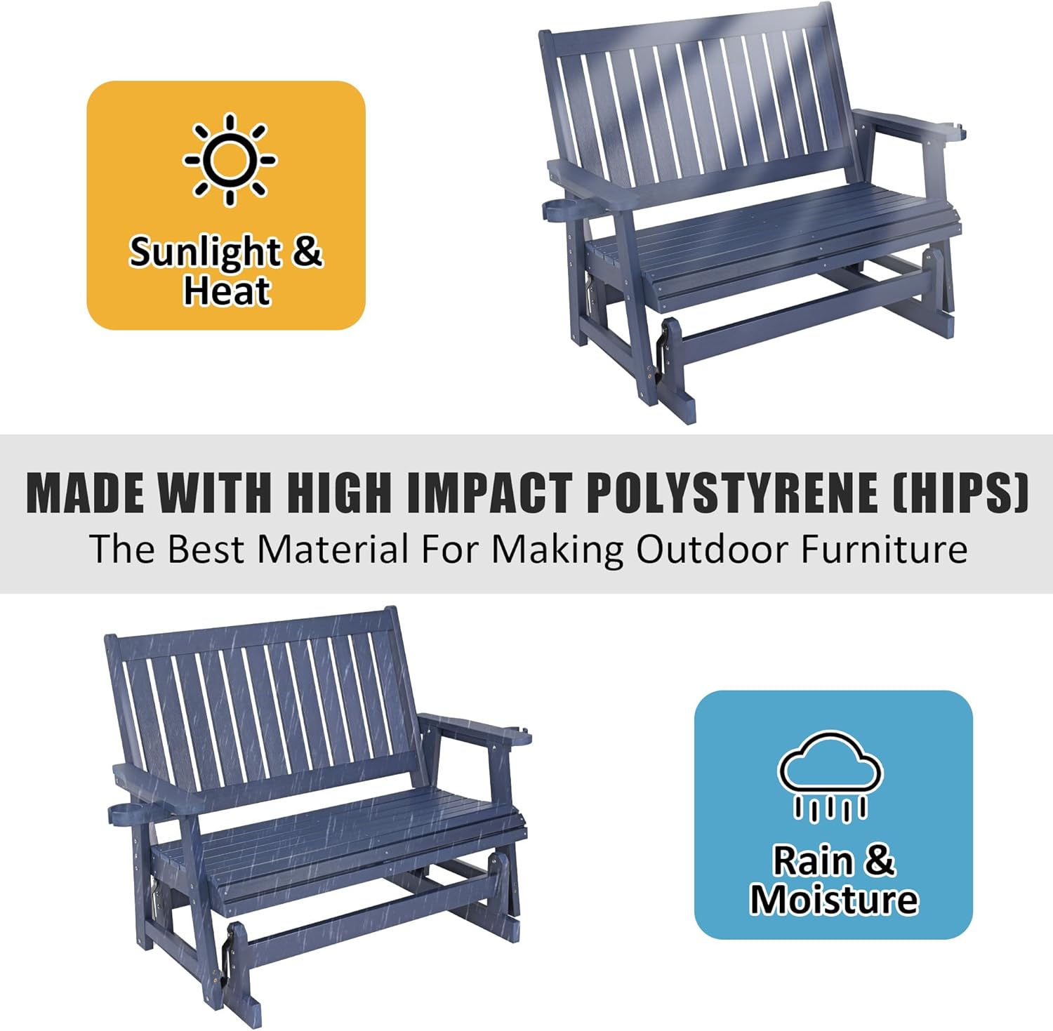 Sunlight & Heat

MADE WITH HIGH IMPACT POLYSTYRENE (HIPS)
The Best Material For Making Outdoor Furniture

Rain & Moisture