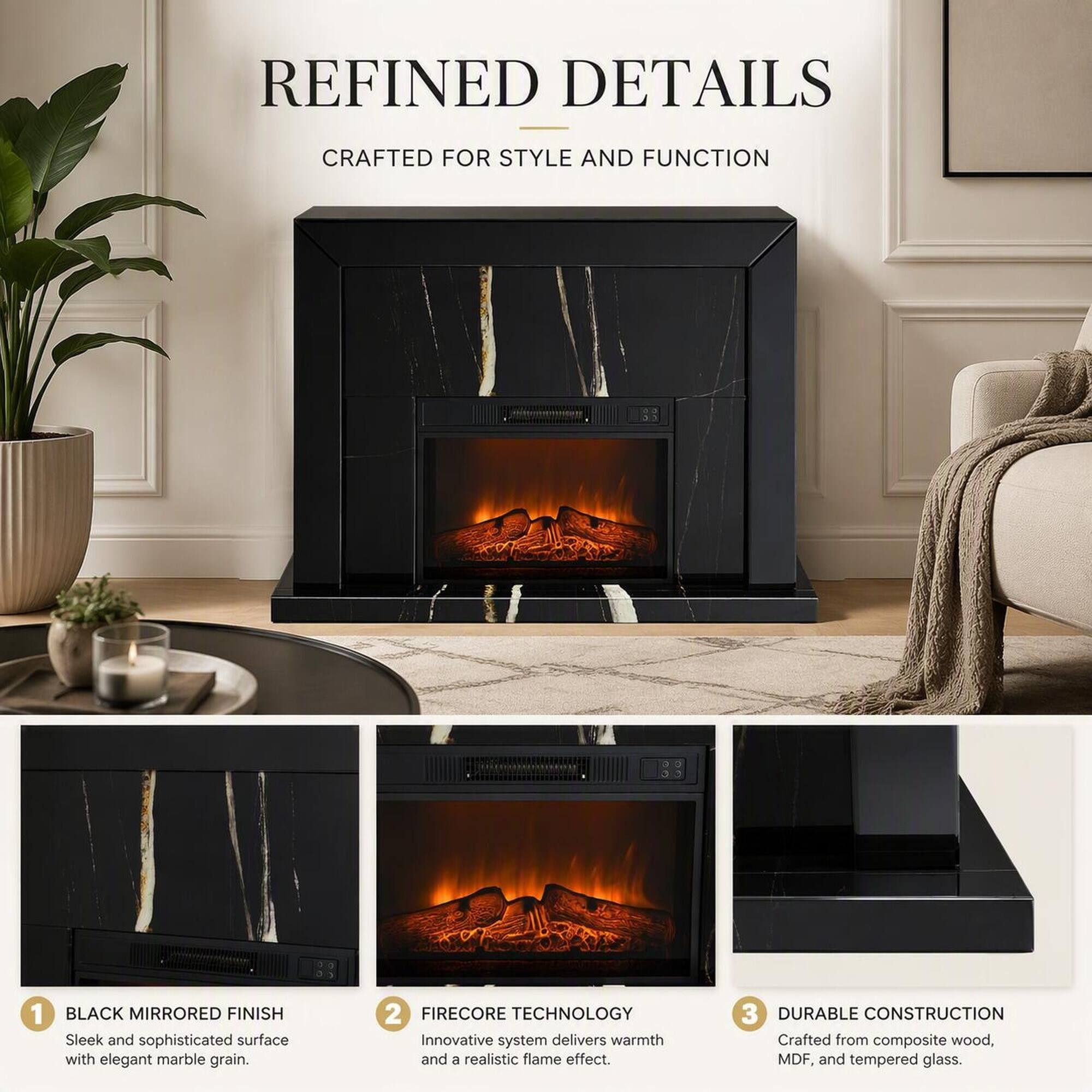 REFINED DETAILS  
CRAFTED FOR STYLE AND FUNCTION  

1. BLACK MIRRORED FINISH  
Sleek and sophisticated surface with elegant marble grain.  

2. FIRECORE TECHNOLOGY  
Innovative system delivers warmth and a realistic flame effect.  

3. DURABLE CONSTRUCTION  
Crafted from composite wood, MDF, and tempered glass.