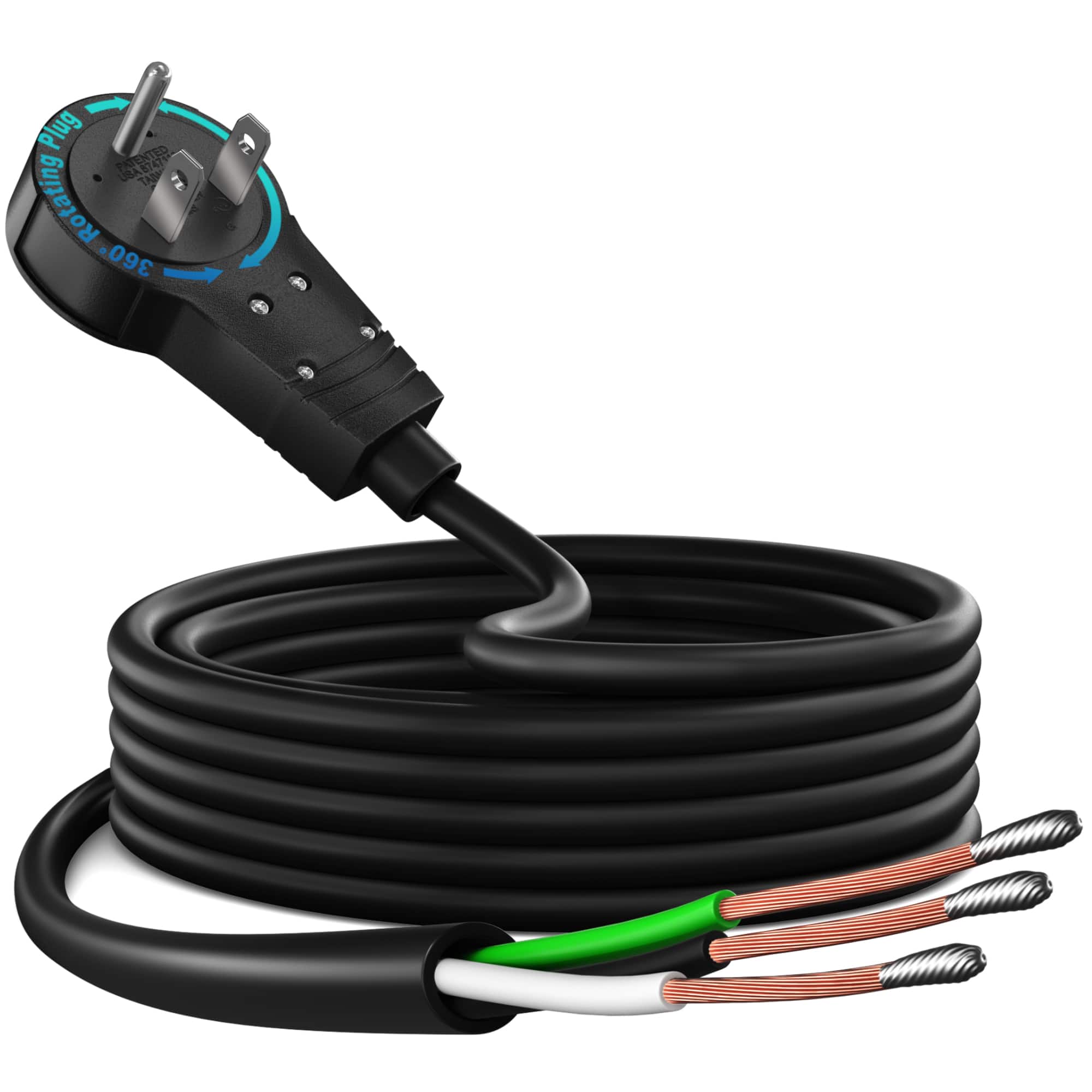 Maximm - 360 Degree Rotating Flat Plug - 10ft Replacement Power Cord with Open End, 14AWG 3 Conductor 3-Prong - Black