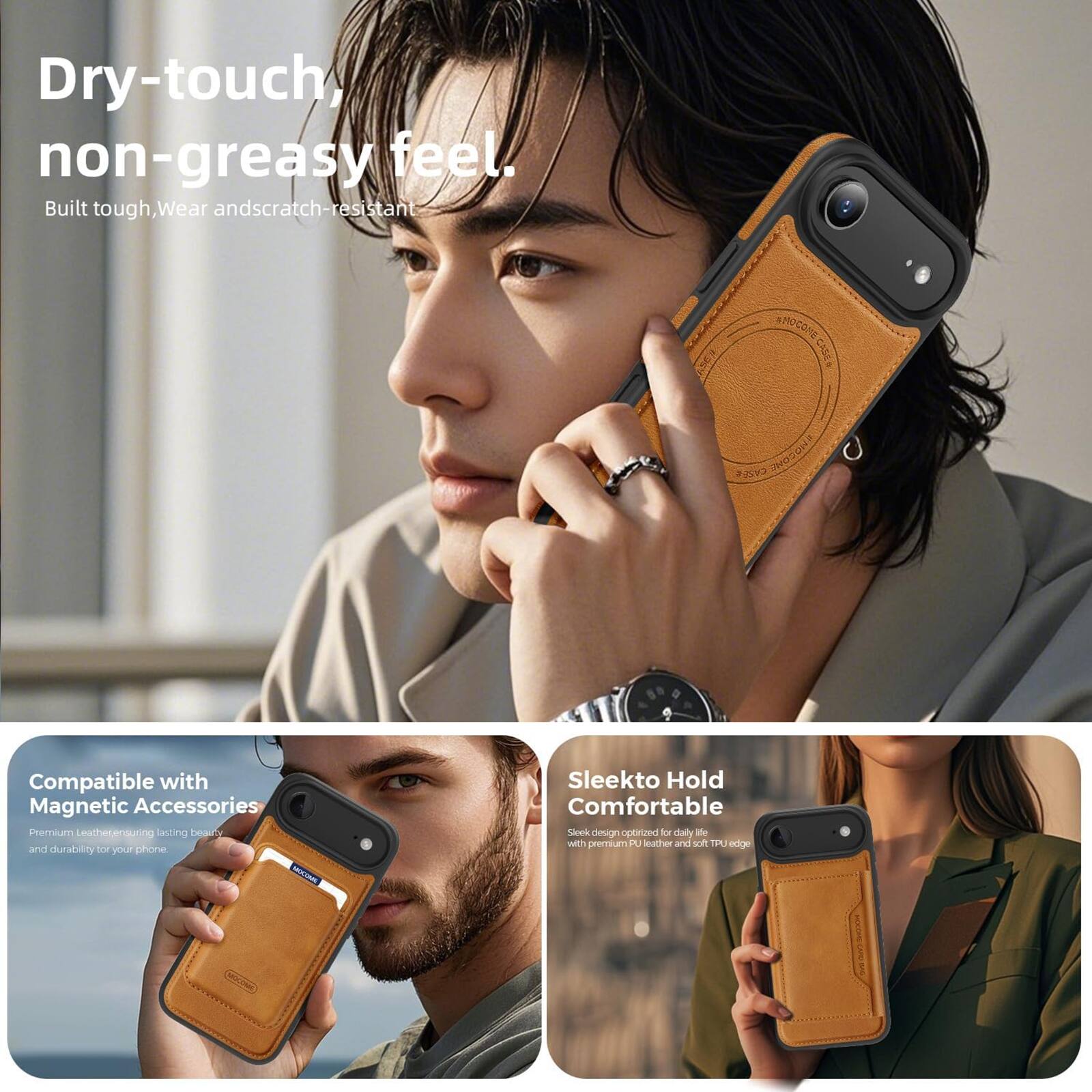 Dry-touch, non-greasy feel.  
Built tough, wear and scratch-resistant.  

Compatible with Magnetic Accessories  
Premium leather ensuring lasting beauty and durability for your phone  

Sleek to Hold Comfortable  
Sleek design optimized for daily life with premium PU leather and soft TPU edges