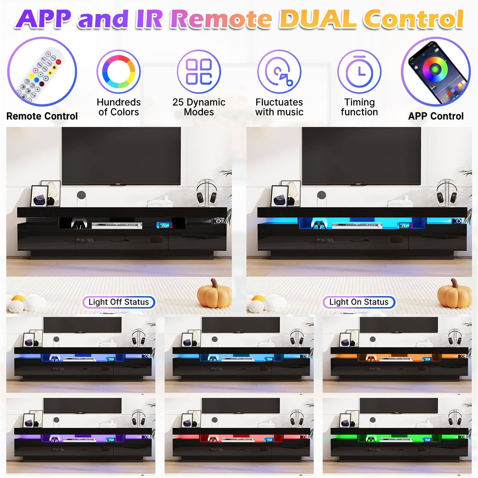 APP and IR Remote DUAL Control

- Remote Control
- Hundreds of Colors
- 25 Dynamic Modes
- Fluctuates with music
- Timing function
- APP Control

Light Off Status

Light On Status