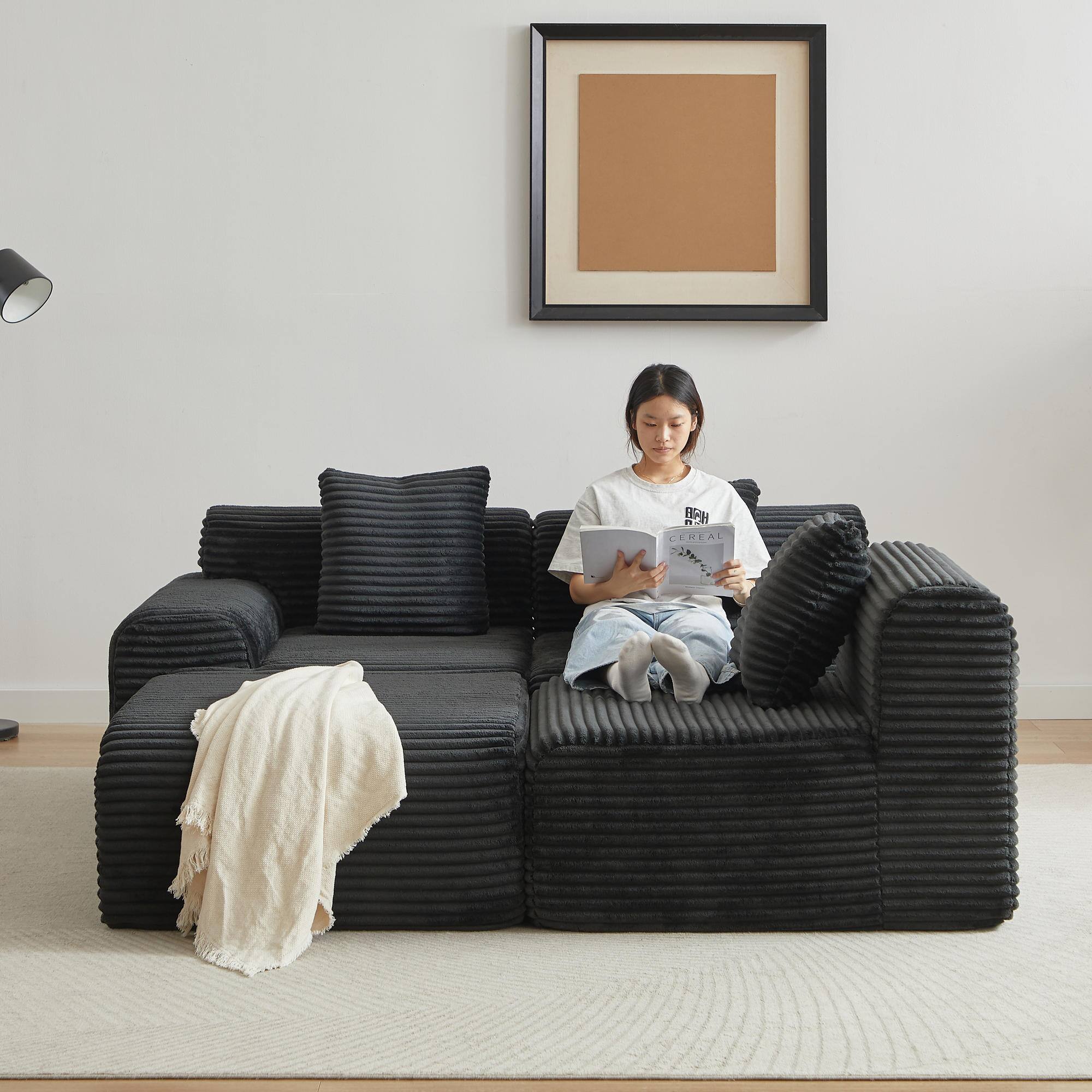 Alt View 5. Meqiodas - Corduroy Modular Sofa Boneless Couch, Featuring an Inlaid Structural Design, Three Throw Pillows, Wider Backrest Design - Black.