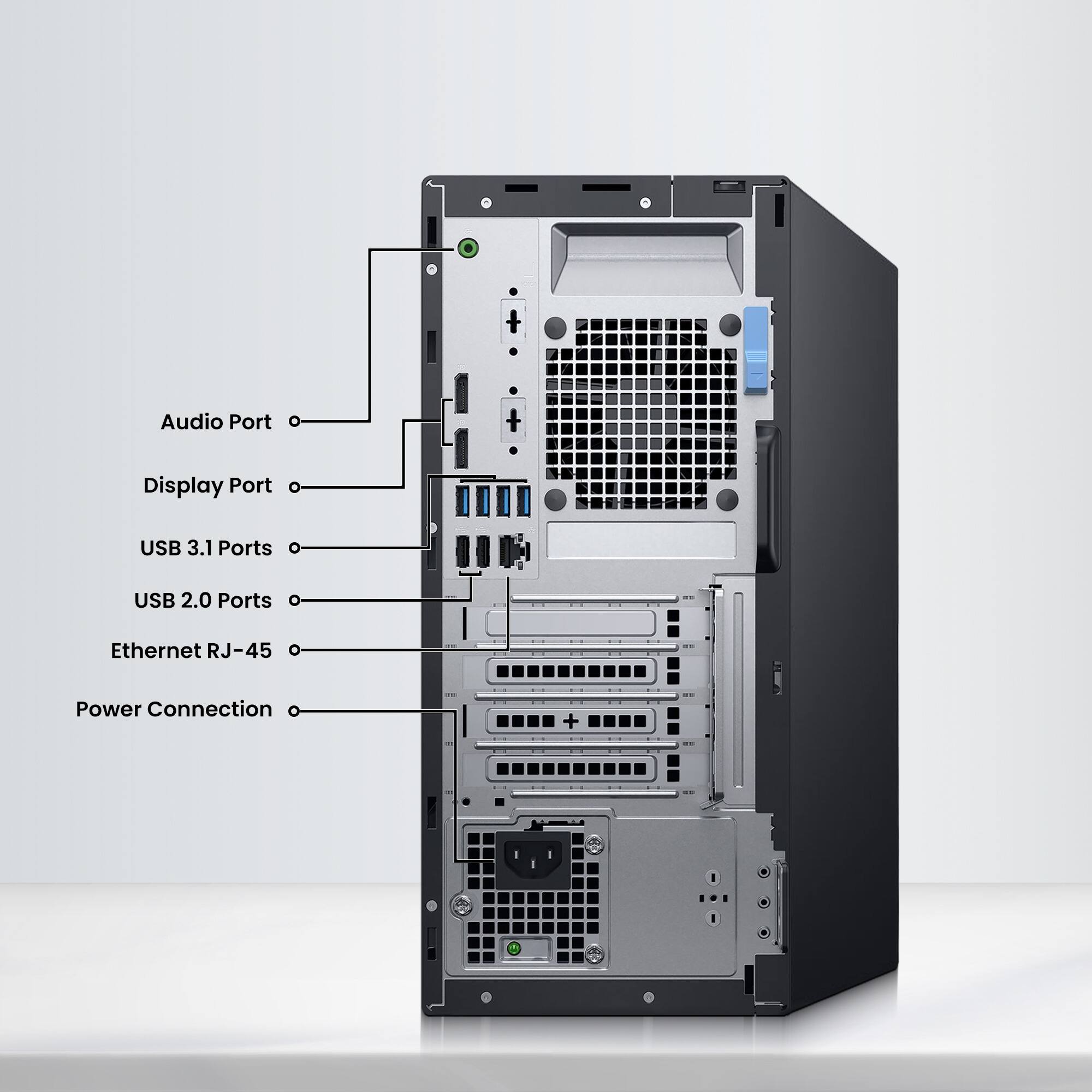 - Audio Port
- Display Port
- USB 3.1 Ports
- USB 2.0 Ports
- Ethernet RJ-45
- Power Connection