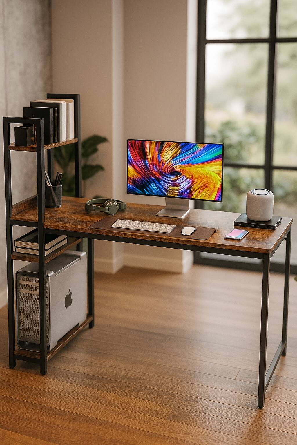 Front. Zell Electronics - "47" Brown Desk with Storage Shelves & Reversible Bookshelf – Writing Table for Study or Office - Brown.