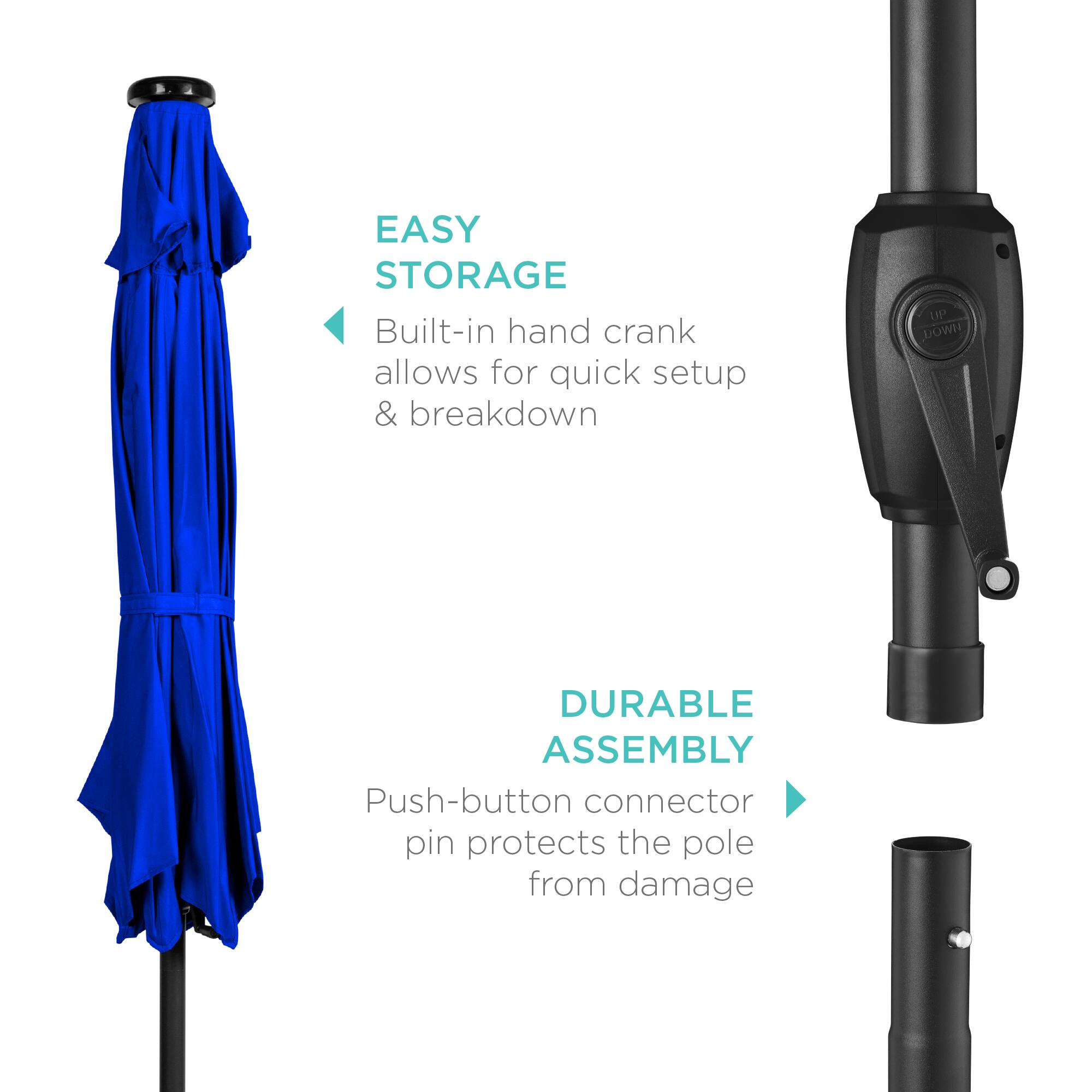 EASY STORAGE  
Built-in hand crank allows for quick setup & breakdown  

DURABLE ASSEMBLY  
Push-button connector pin protects the pole from damage