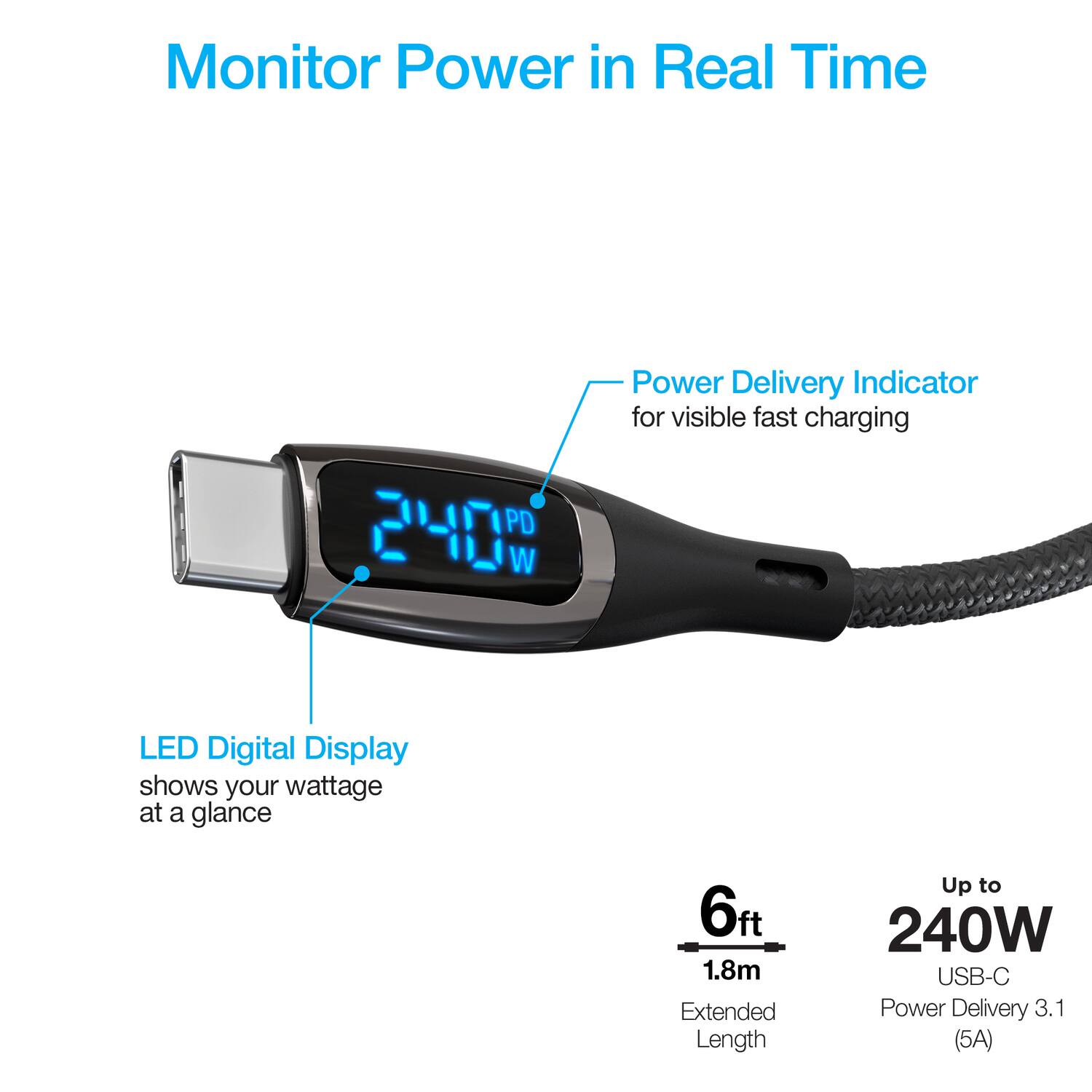 Monitor Power in Real Time

- Power Delivery Indicator for visible fast charging
- LED Digital Display shows your wattage at a glance

6ft (1.8m) Extended Length

Up to 240W USB-C Power Delivery 3.1 (5A)