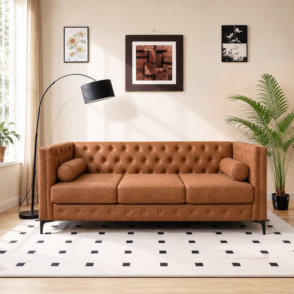 Alt View 7. Loheer - Loheer 78.5-Inch Brown Faux Leather Sofa, Mid-Century Modern 3-Seater Couch with Button Tufted Deep Seat - Brown.