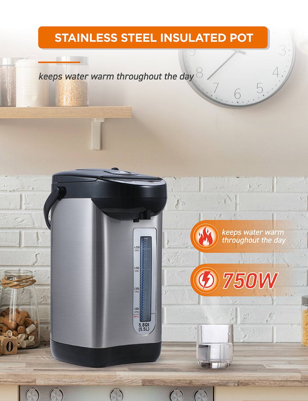 STAINLESS STEEL INSULATED POT

keeps water warm throughout the day

750W

5.8Qt (5.5L)