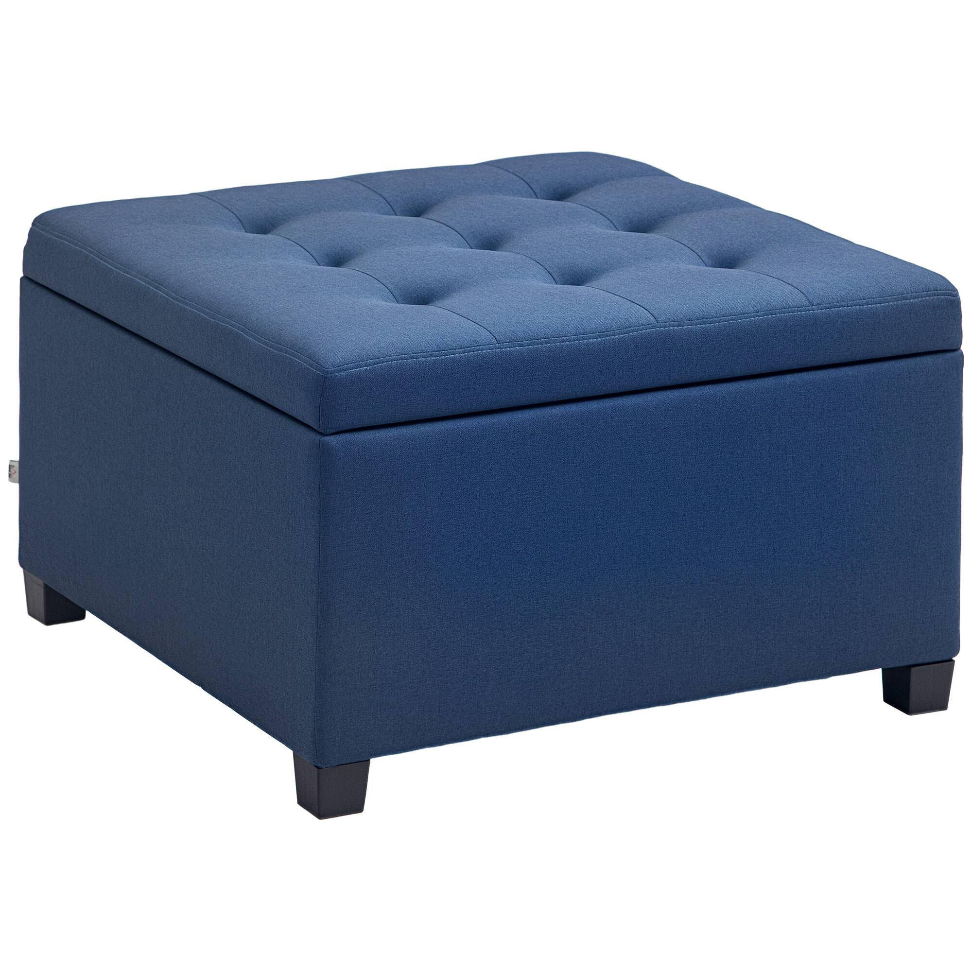 Front. Homcom - Square Fabric Tufted Storage Ottoman w/ Flip Top Lid & Eucalyptus Wood Frame - Blue.