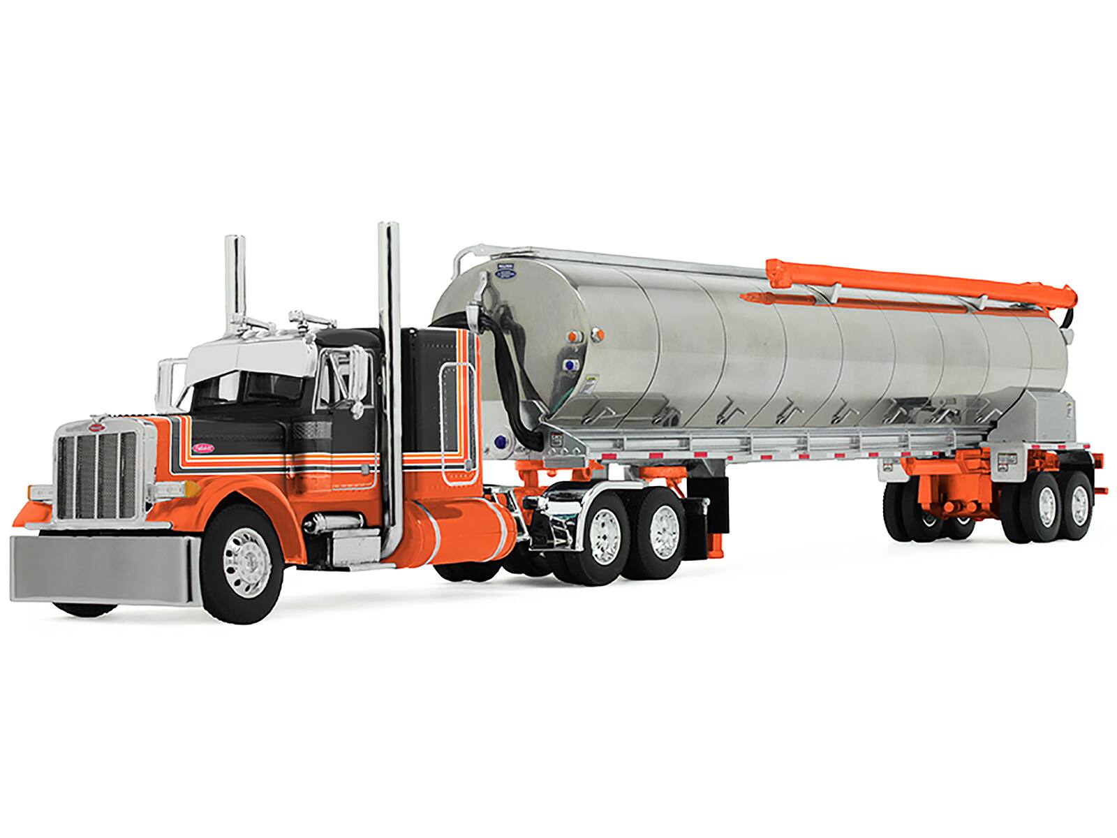 Angle. First Gear - Peterbilt 379 with 48" Flat Top Sleeper and Walinga Bulk Feed Trailer Orange and Black with Stripes 1/64 - Multi.