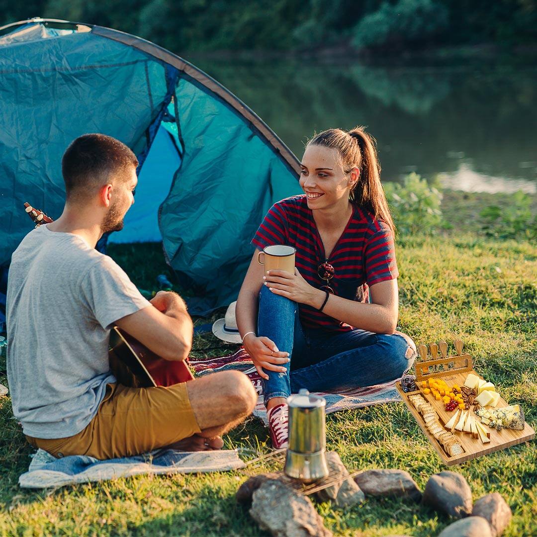 Alt View 2. BlauKe - Bamboo Cheese Board and Knife Set - 14x11 inch Charcuterie Board with 4 Cheese Knives - Wood Serving Tray - Beige.