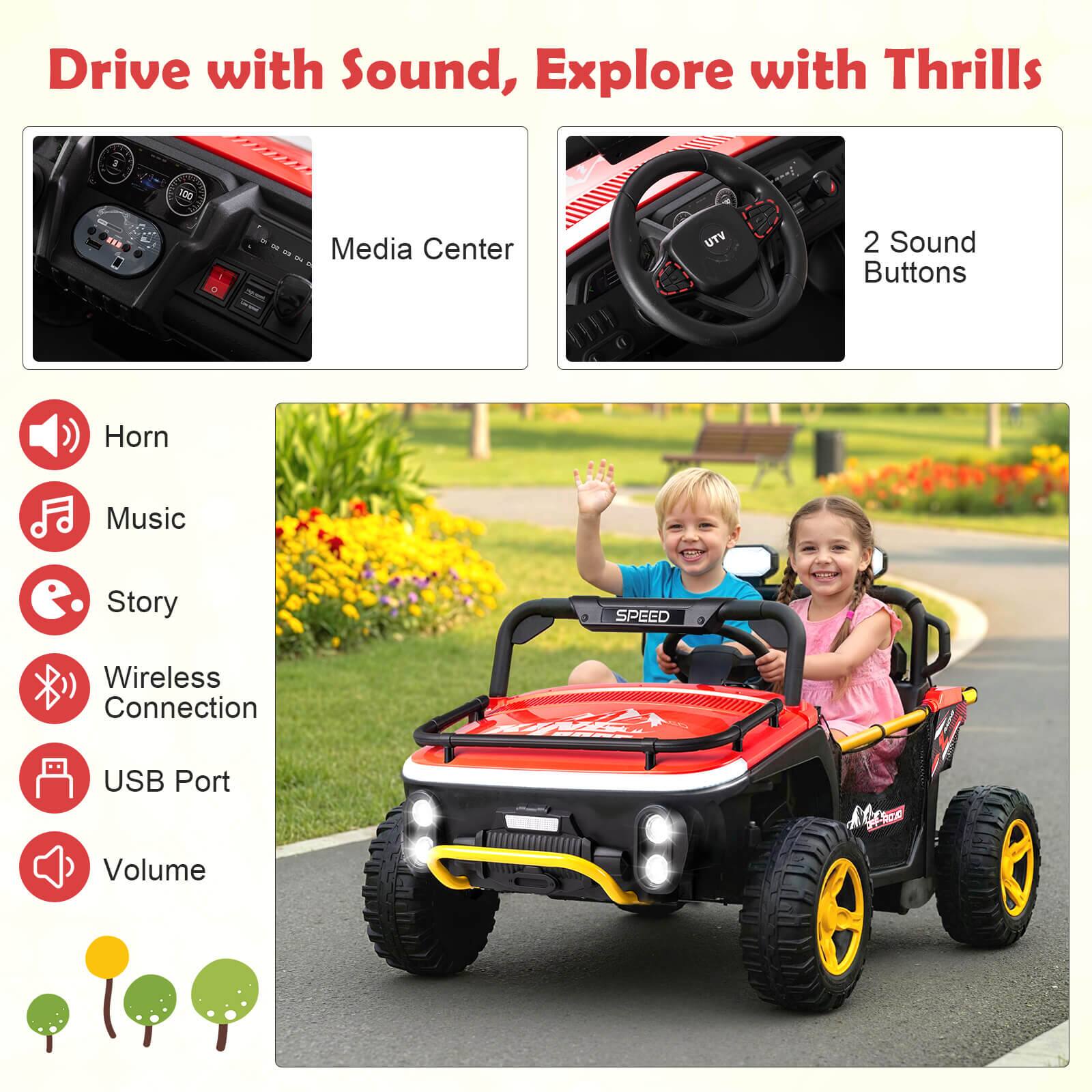 Drive with Sound, Explore with Thrills

Media Center

2 Sound Buttons

- Horn
- Music
- Story
- Wireless Connection
- USB Port
- Volume