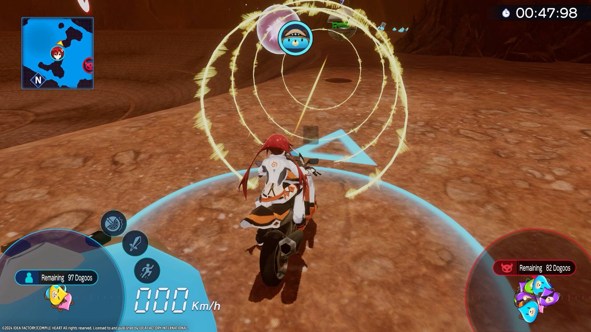 The text on the image reads: "00:47:98 N G Remaining 97 Dogoos 000 Km/h 2024 DEA FACTORY/COMPILE HEART All rights reserved. Licensed to and published by OEA FACTORY INTERNATIONAL Remaining 82 Dogoos."