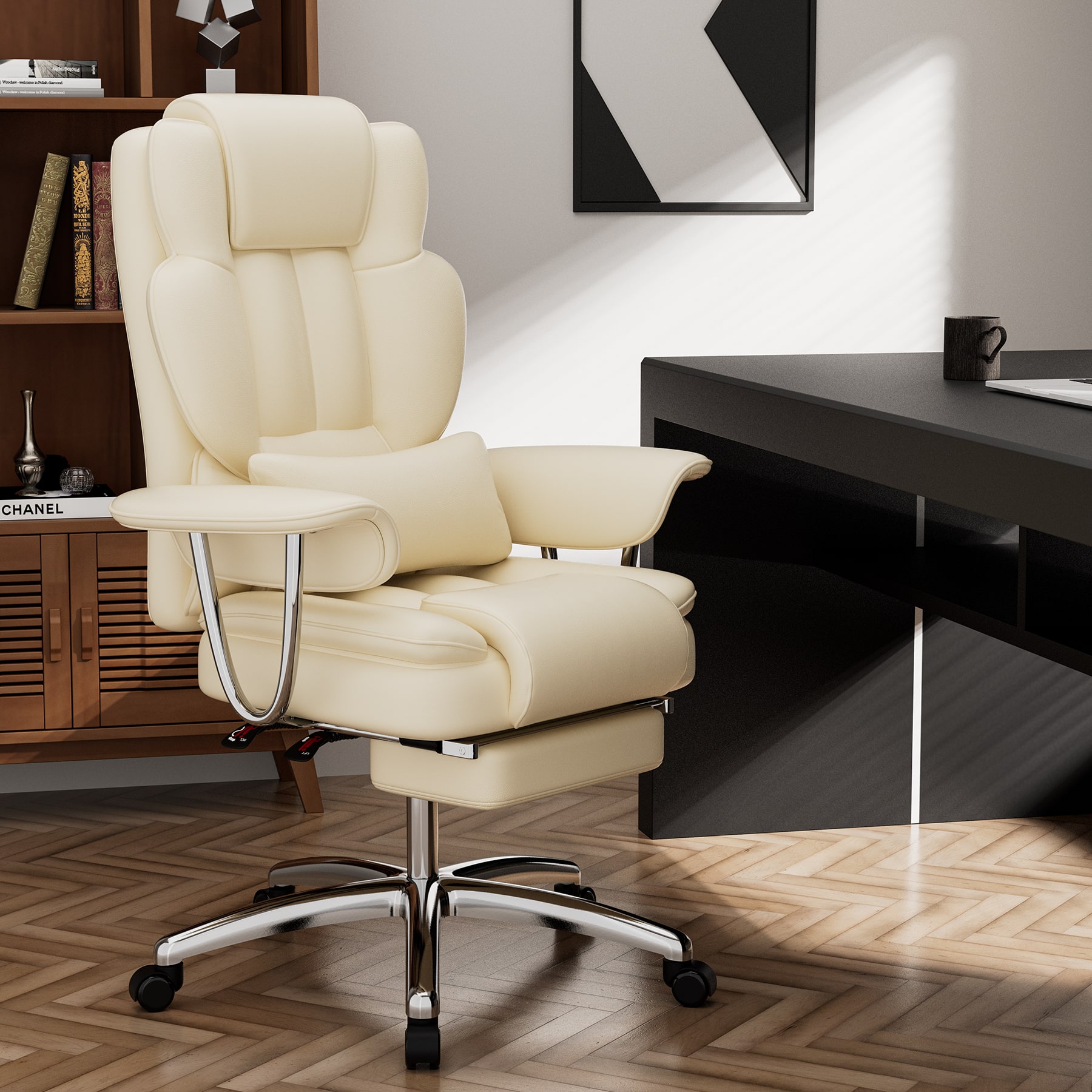 PexFix - Big & Tall Executive Office Chair with Footrest, Ergonomic High-Back Reclining Chair, 500lb Capacity - Beige