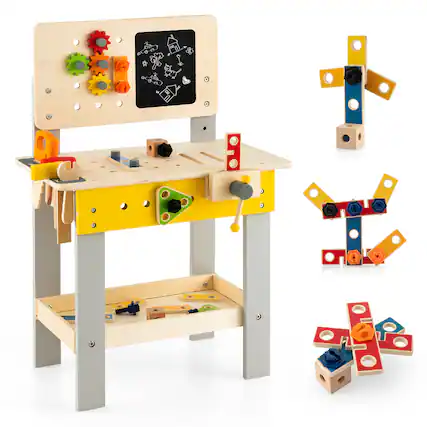Front. Costway - Costway Wooden Tool Bench Workbench Toy Play for Kids with Tools Set for Toddlers Ages 3 + - Multicolor.