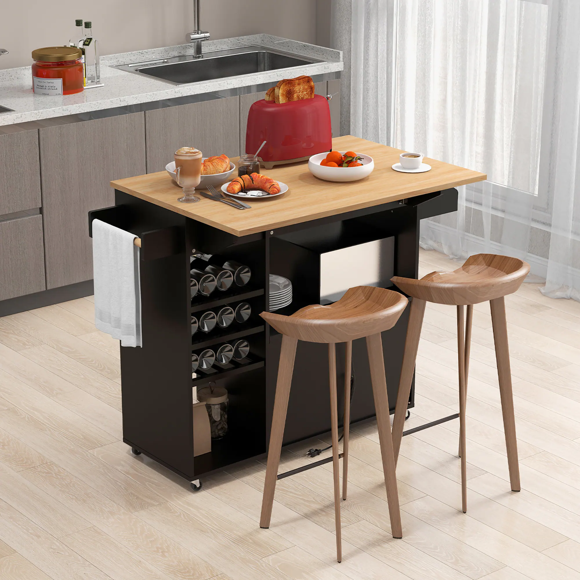 Alt View 4. Gymax - Gymax Kitchen Island Cart w/ Drop-Leaf & Power Outlet Microwave Shelf Wine Rack Drawer Black - Black, Natural.