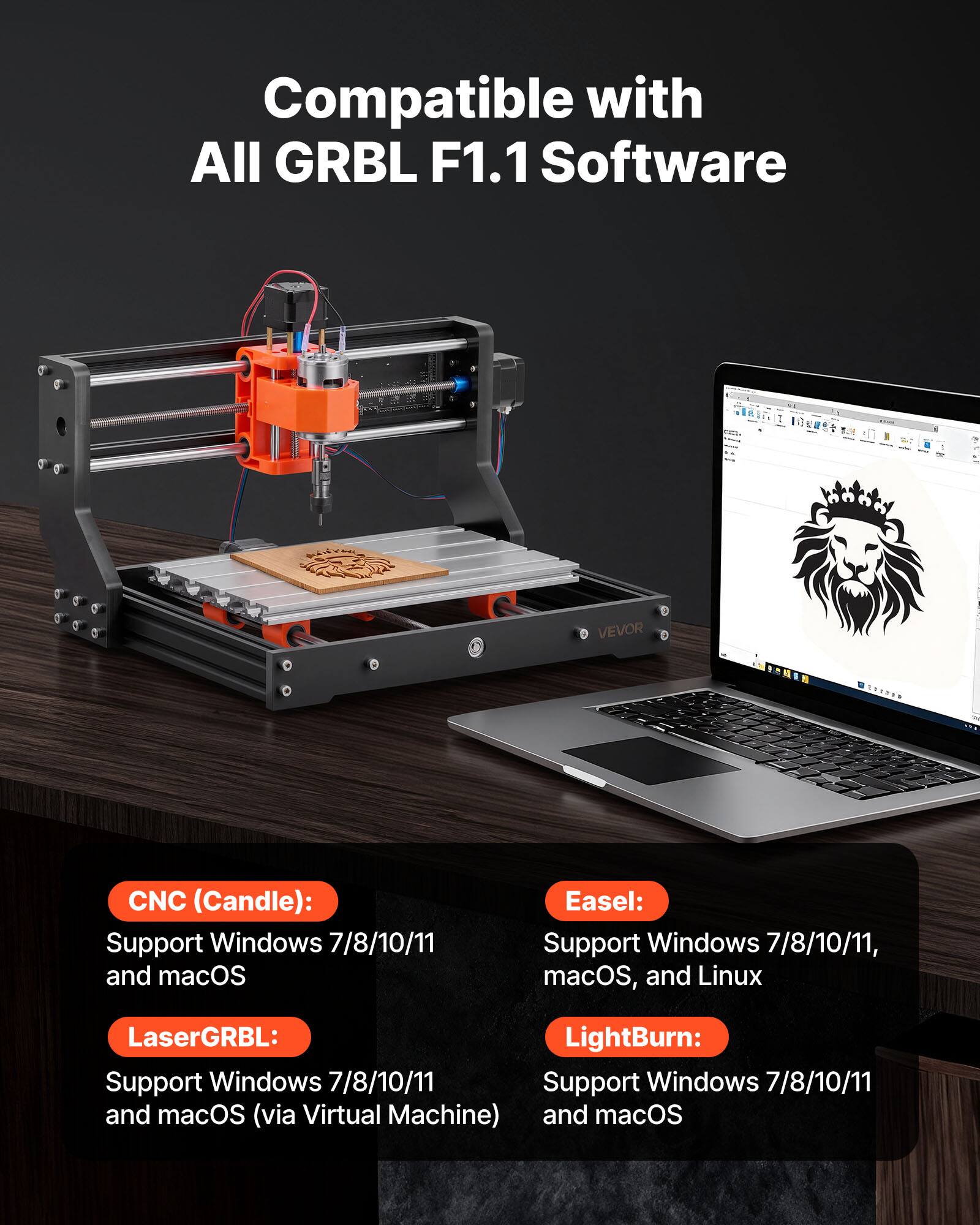 Compatible with All GRBL F1.1 Software

CNC (Candle):
- Support Windows 7/8/10/11 and macOS

LaserGRBL:
- Support Windows 7/8/10/11 and macOS (via Virtual Machine)

Easel:
- Support Windows 7/8/10/11, macOS, and Linux

LightBurn:
- Support Windows 7/8/10/11 and macOS