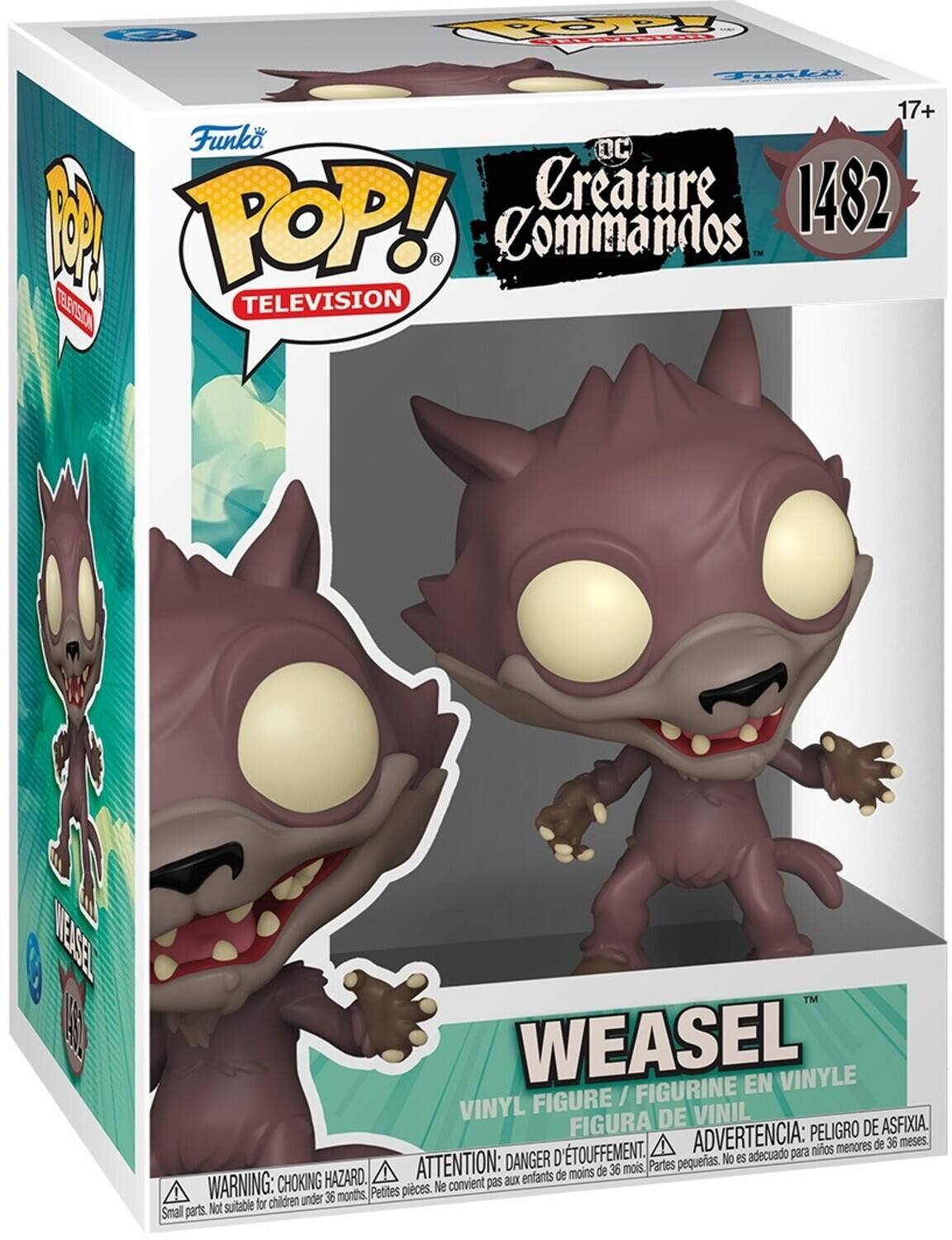 Funko POP! Television Creature Commandos 1482 Weasel En Vinyle Figure / Figurine Vinyl Figura Vinil Advertencia: Peligro de asfixia. nios menores de 36 meses ATTENTION: DANGER D'ETOUFFEMENT. Partes pequeas. No es adecuado para de moins de 36 mois, CHOKING HAZARD. convient pas aux enfants WARNING: choking hazard. Small parts. Not suitable for children under 36 months, Petites pieces.
