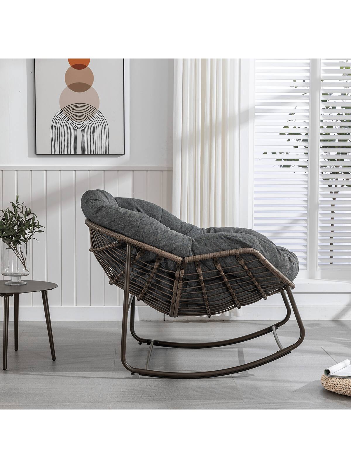 Left. Trinkets Crazed - Outdoor Patio Rocking Chair Set Of 2,Comfy Wicker Rocker Chair With Padded Cushion,Oversized Rattan Papasan Egg Chair - Gray.